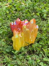 Load image into Gallery viewer, Aura Coated Quartz Cluster, Large Flame Aura Coated Cluster, Yellow Orange Red Aura Cluster 330 Grams