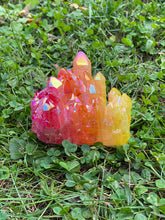 Load image into Gallery viewer, Aura Coated Quartz Cluster, Large Flame Aura Coated Cluster, Yellow Orange Red Aura Cluster 330 Grams