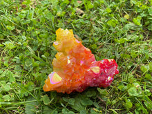Load image into Gallery viewer, Aura Coated Quartz Cluster, Large Flame Aura Coated Cluster, Yellow Orange Red Aura Cluster 330 Grams