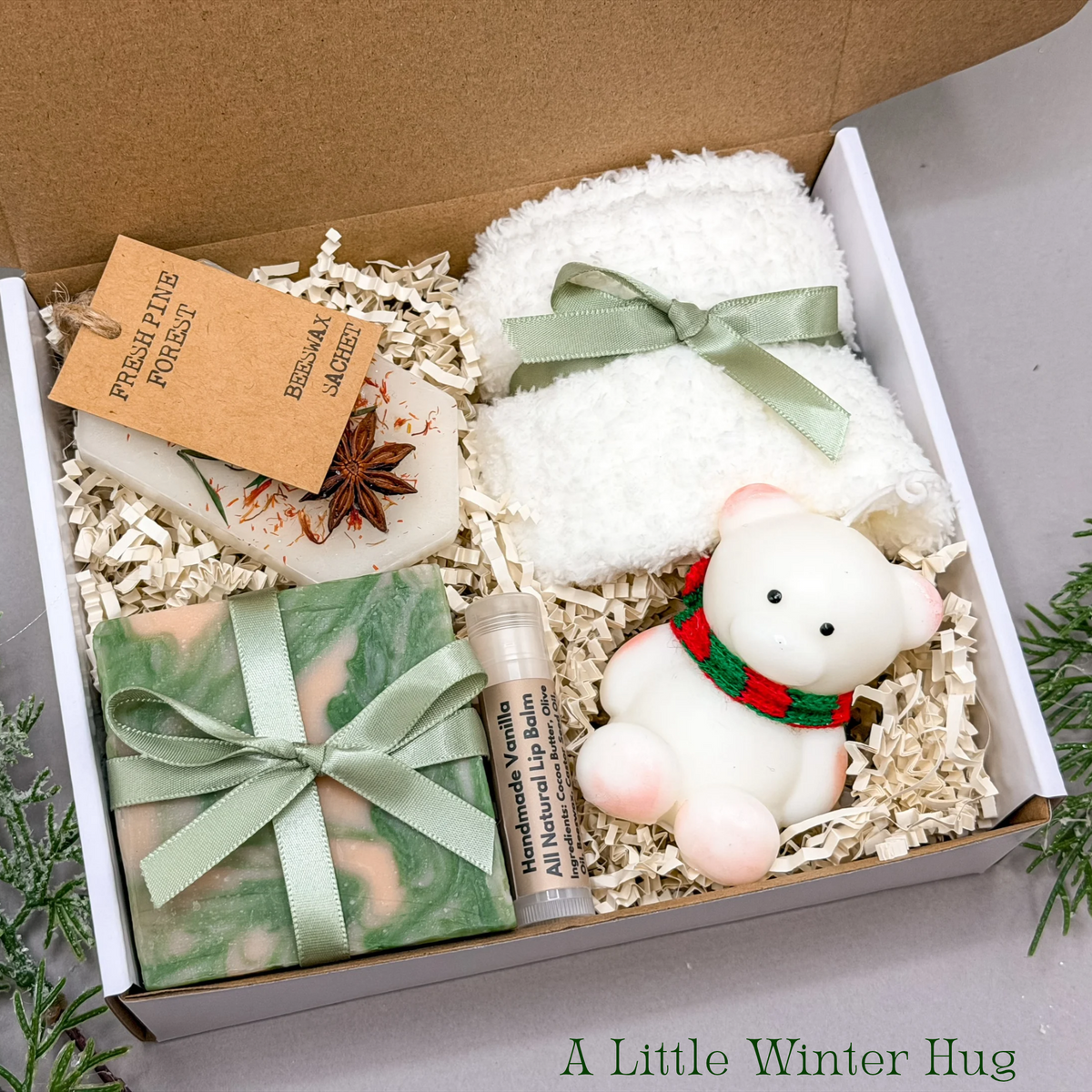 Cozy Winter Hug Gift Box: Christmas Candle, Self Care Handmade Soap, Wrapped in a Ribbon