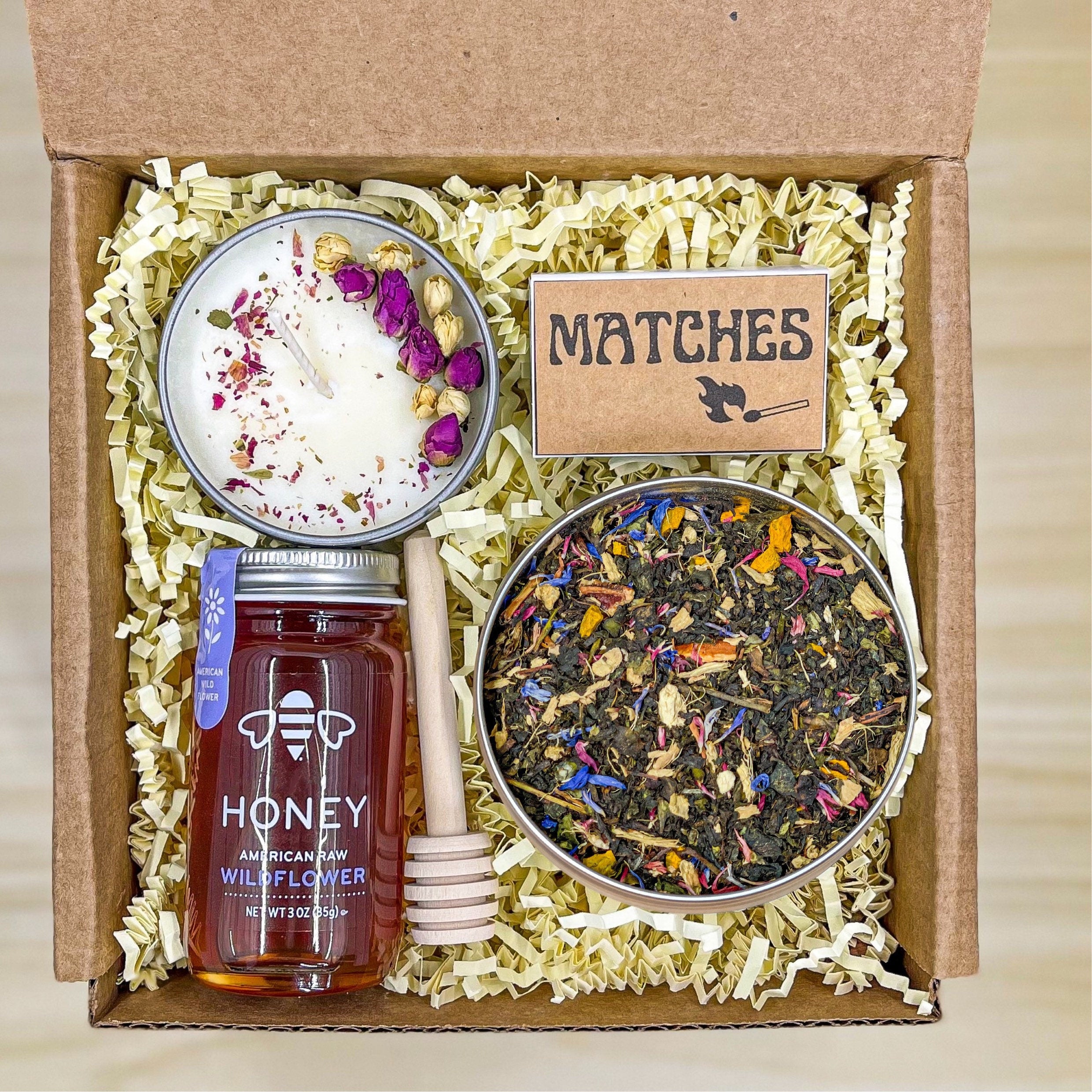 Organic Herbal Tea Set with Honey and Candle, Thinking of You Tea Set, Birthday Tea Gift, Housewarming Tea Box, Tea Gift Set for Friend