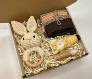 New Mom Gift Box, Baby Rattle, Cozy Socks, Vanilla Lip Balm