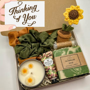 Cozy Gift Box, Handmade Soap, Candle, Scrunchies, Crochet Sunflower