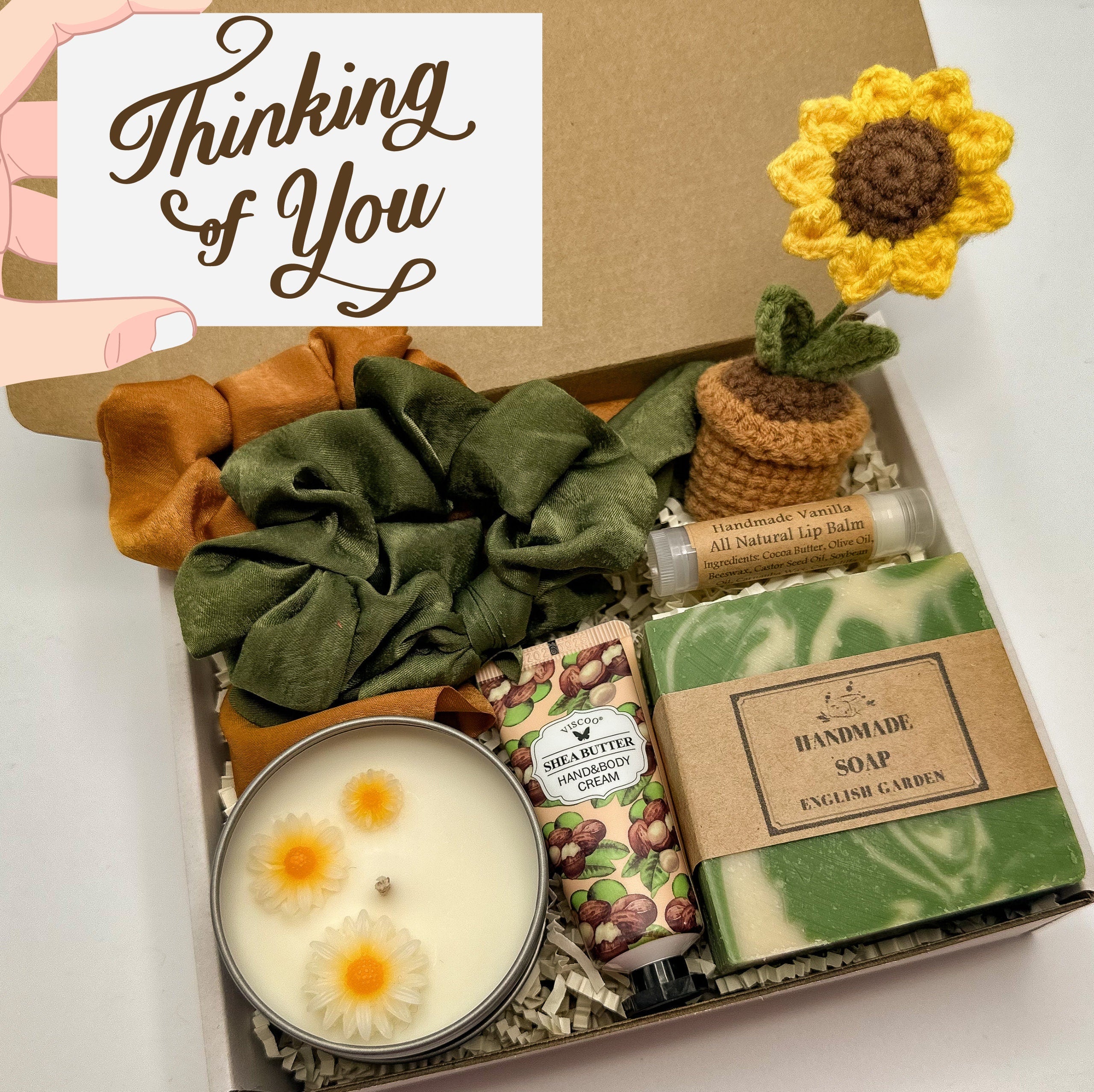 Cozy Gift Box, Handmade Soap, Candle, Scrunchies, Crochet Sunflower