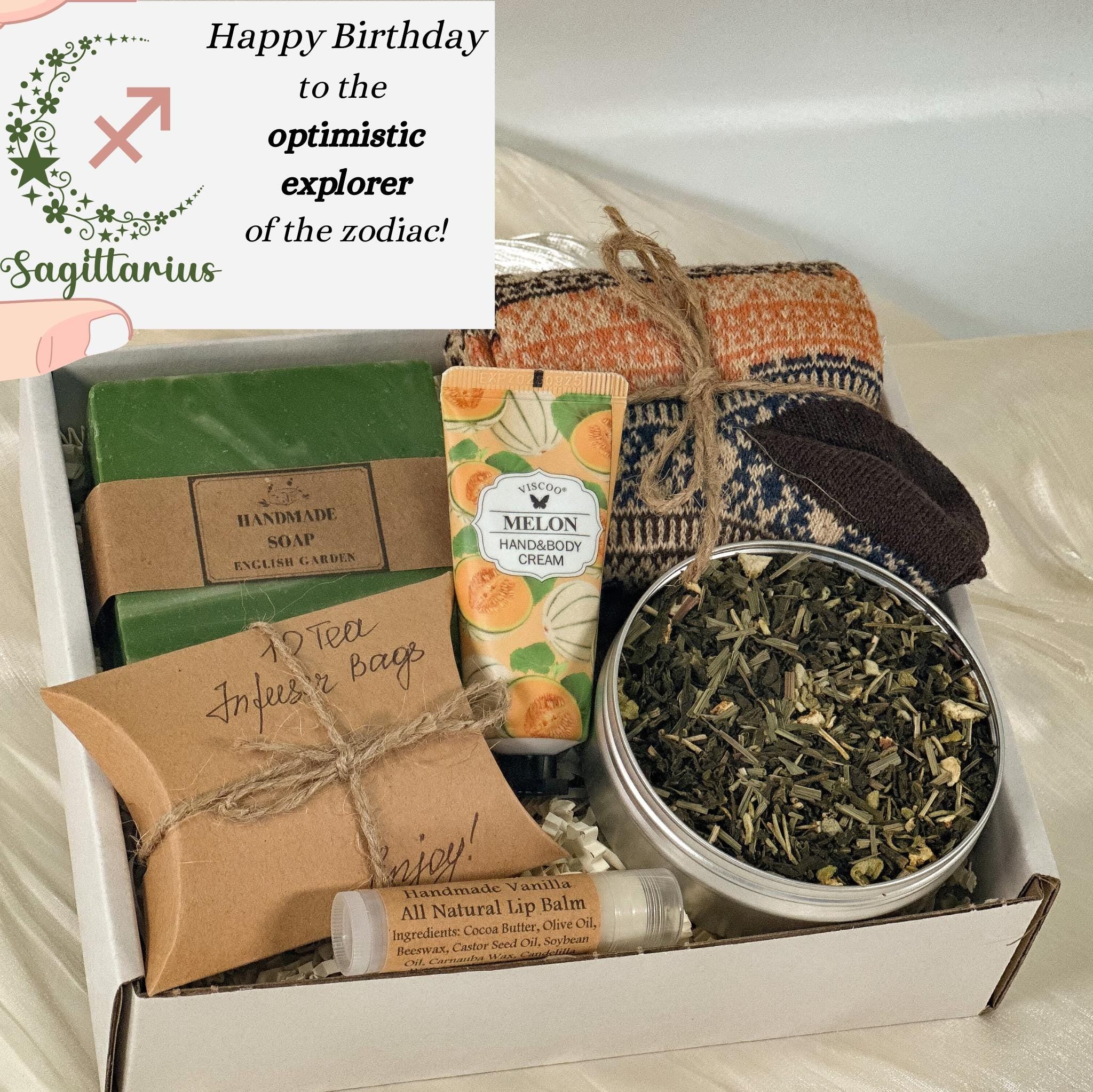 Personalized Sagittarius Gift Box, Handmade Soap, Tea, Cozy Hygge Socks