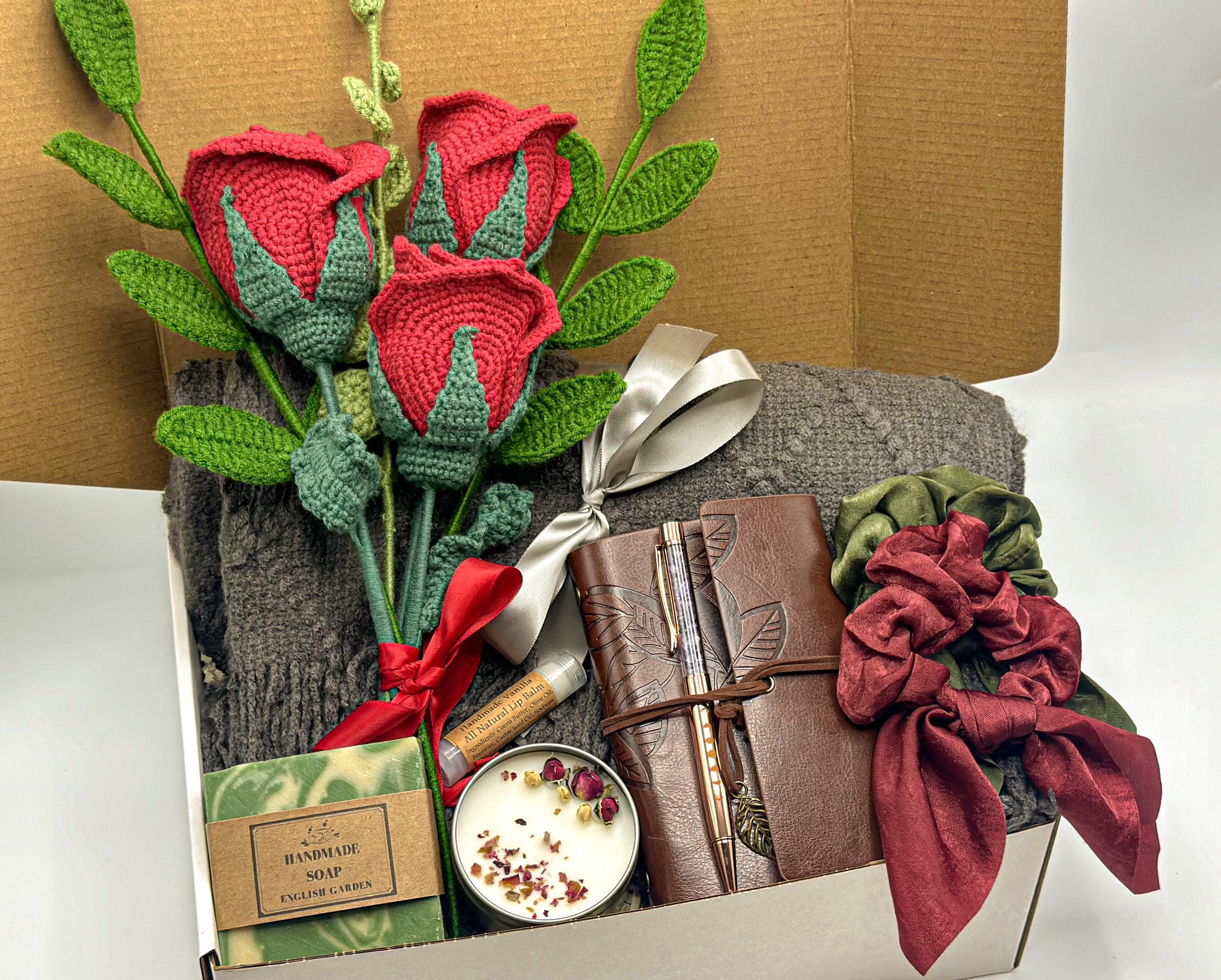 Valentine's Day Gift Box for Her, Crochet Rose Bouquet, Cozy Blanket