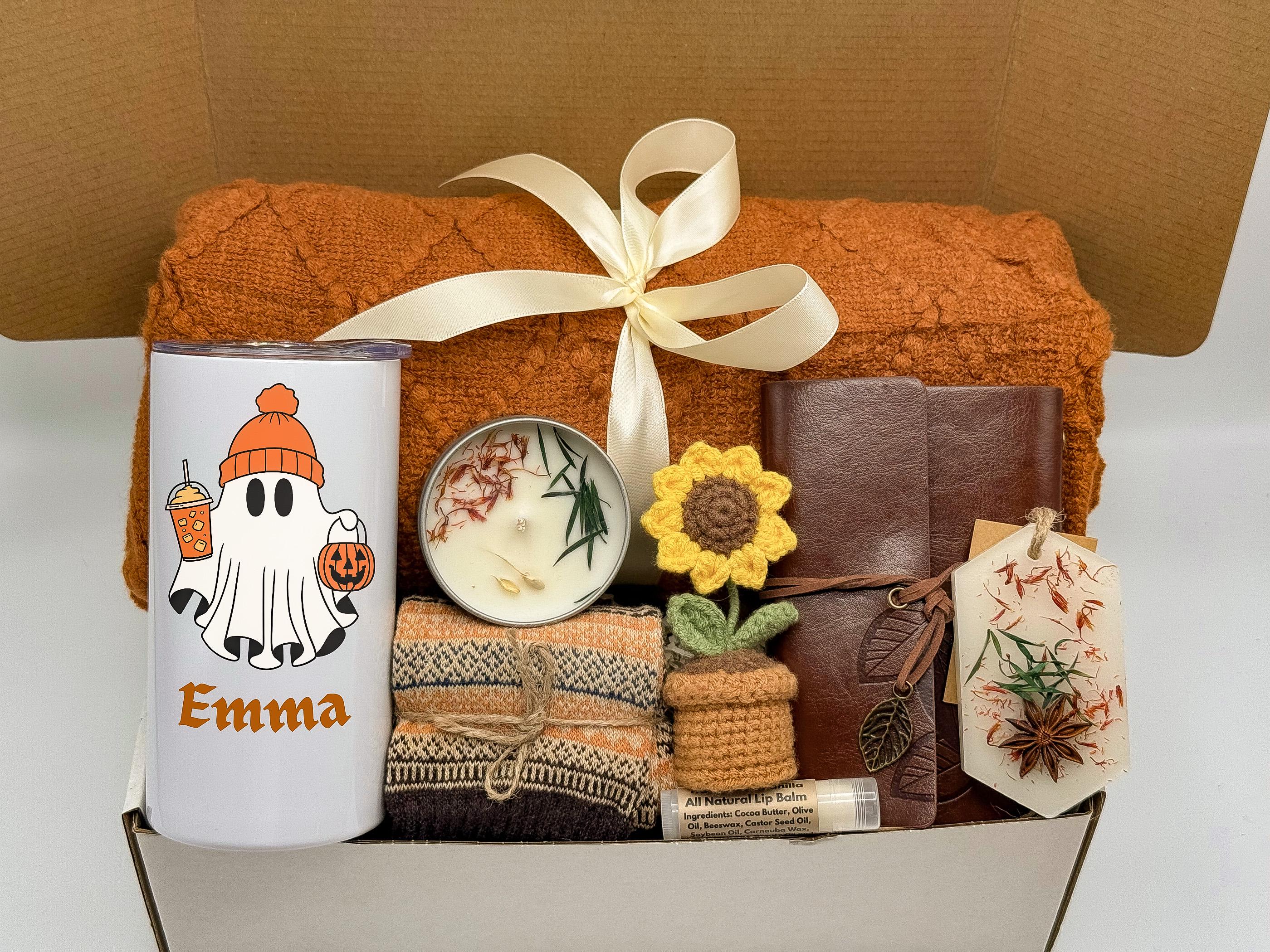 Hygge Fall Gift Box: Custom Tumbler, Cozy Blanket & Candle, Boo