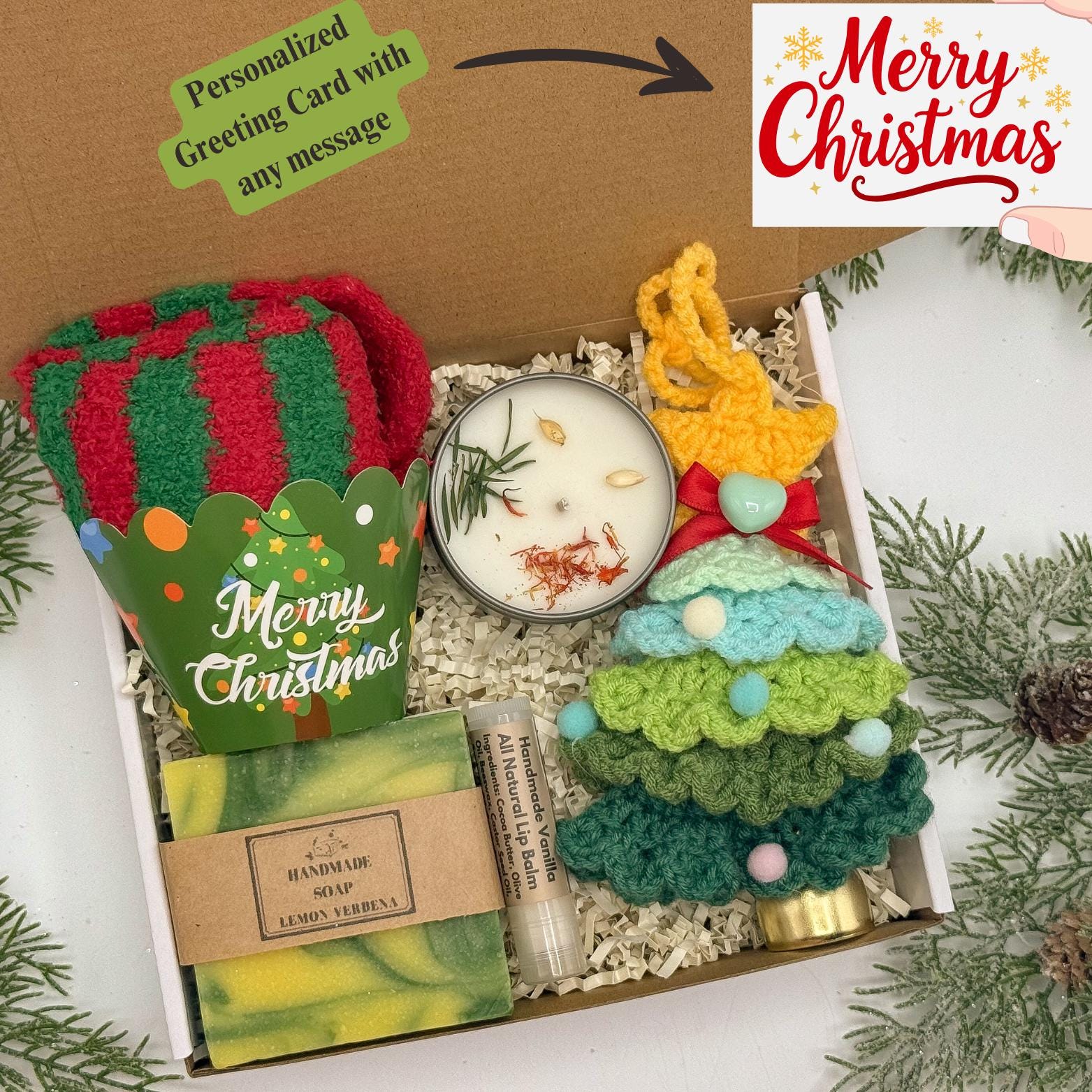 Christmas Cozy Box, Crochet Tree Ornament, Holidays Gift Set, Mom Gift Box