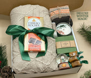 Cozy Hygge Winter Gift Box: Christmas Basket, Warm Blanket for Self Care, Spa Set