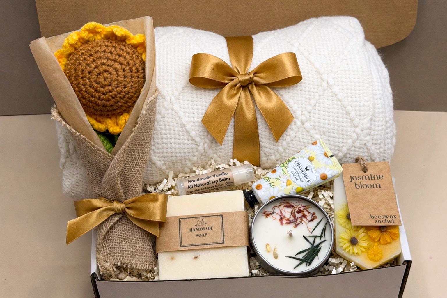 Sunflower Crochet Basket, Hygge Deluxe Spring Gift Box, Womens Self Care Set, Cozy Blanket