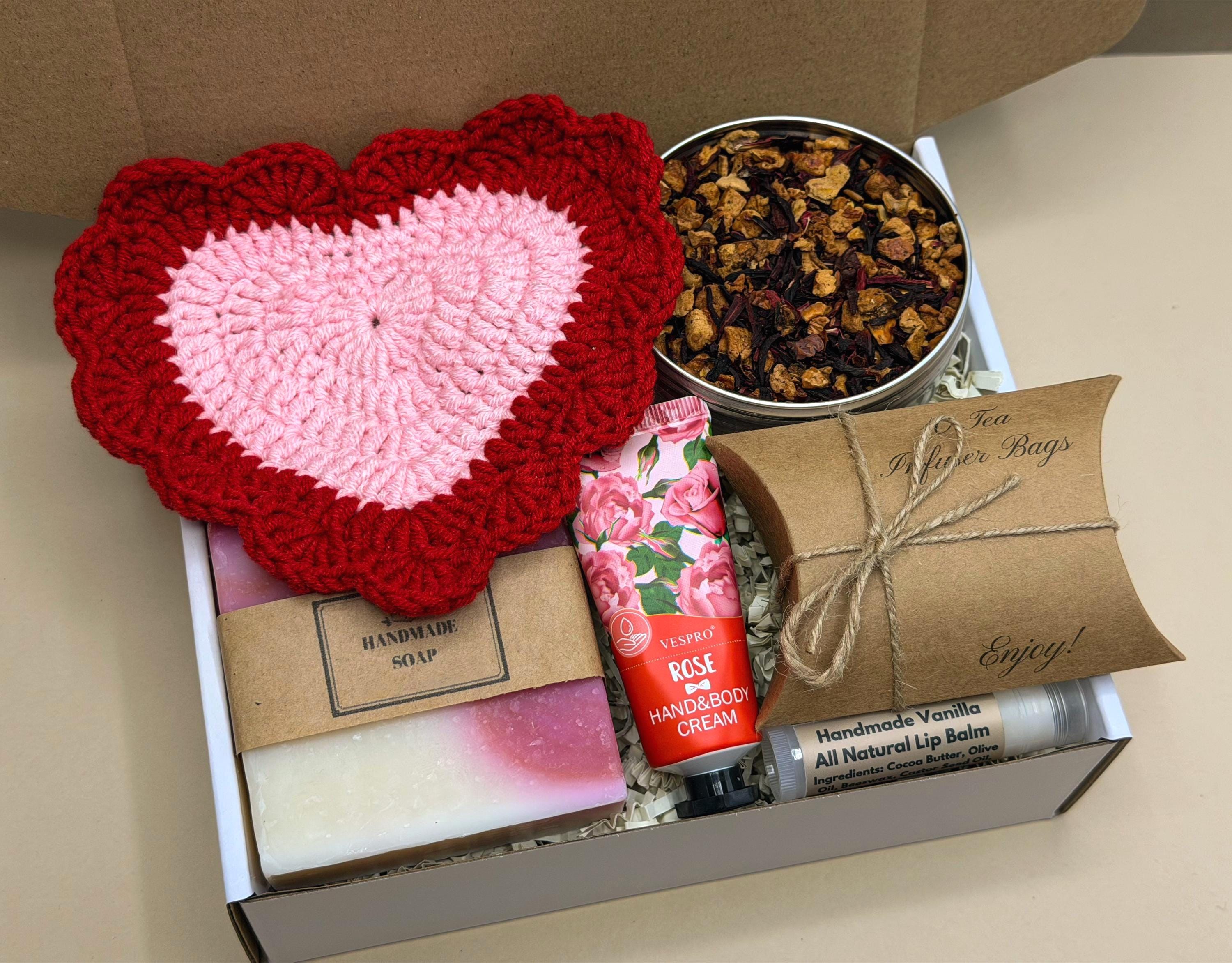 Valentine Tea Gift Box with Heart Crochet Coaster, Valentines Day Basket, Galentine Set