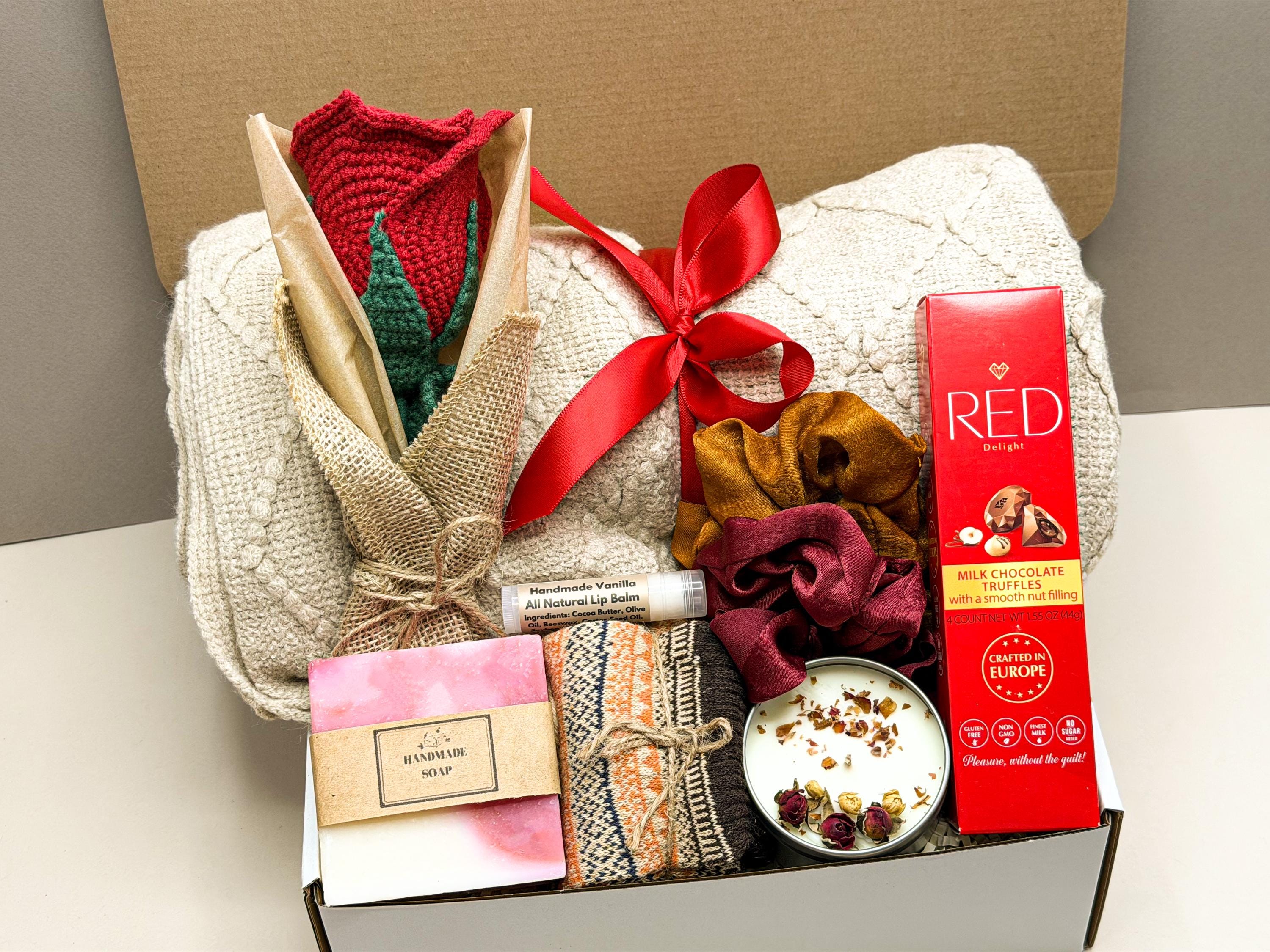 Personalized Gift Box for Her, Womens Handmade Rose Basket, Friend Care Package, Hygge Blanket Set