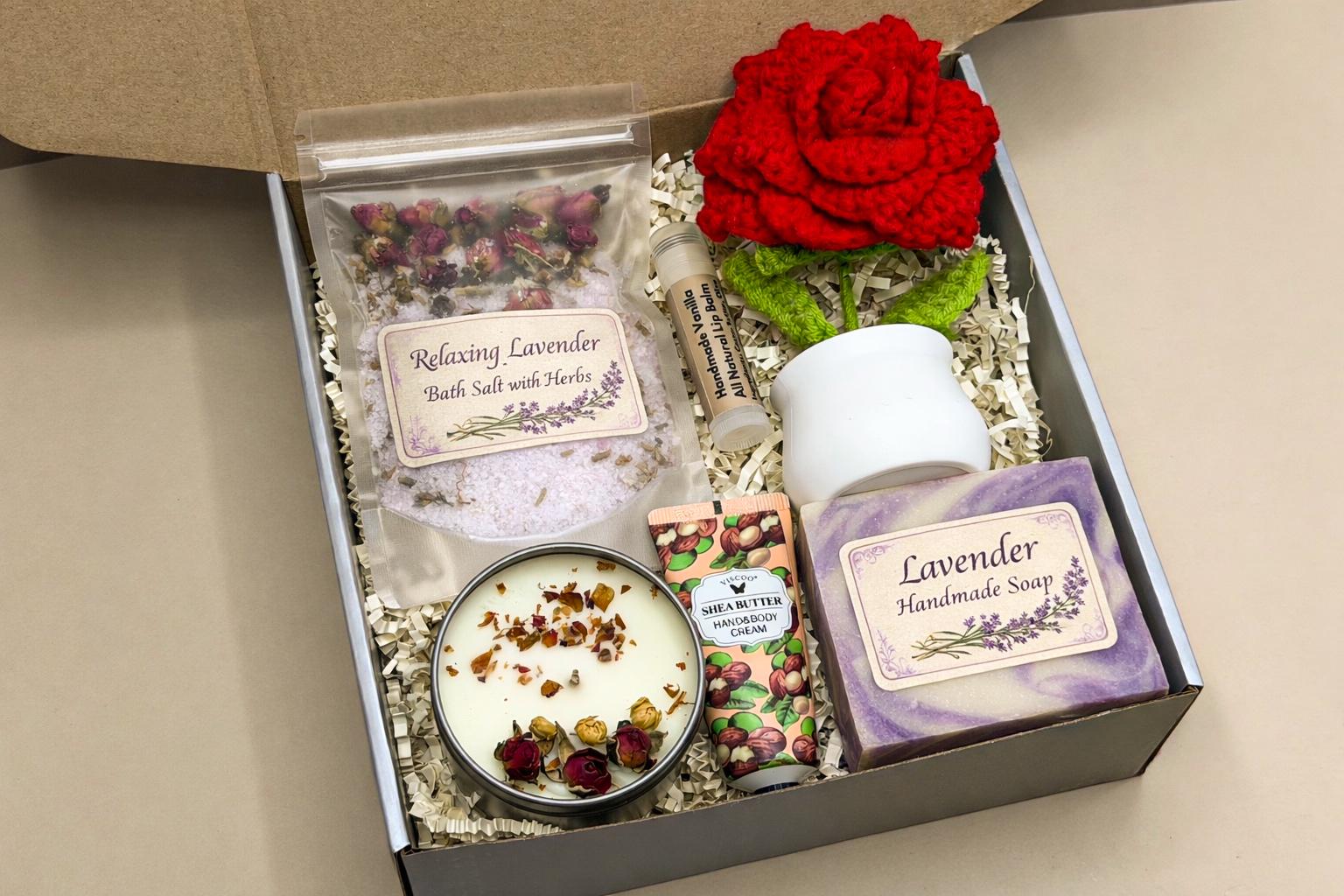 Birthday Gift Box for Her, Stress Relief Set, Personalized Birthday Basket, Crochet Rose Flower