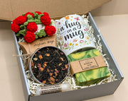 Spring Tea Gift Box, Hug In A Box Mug, Crochet Flower Coaster with Handmade Soap