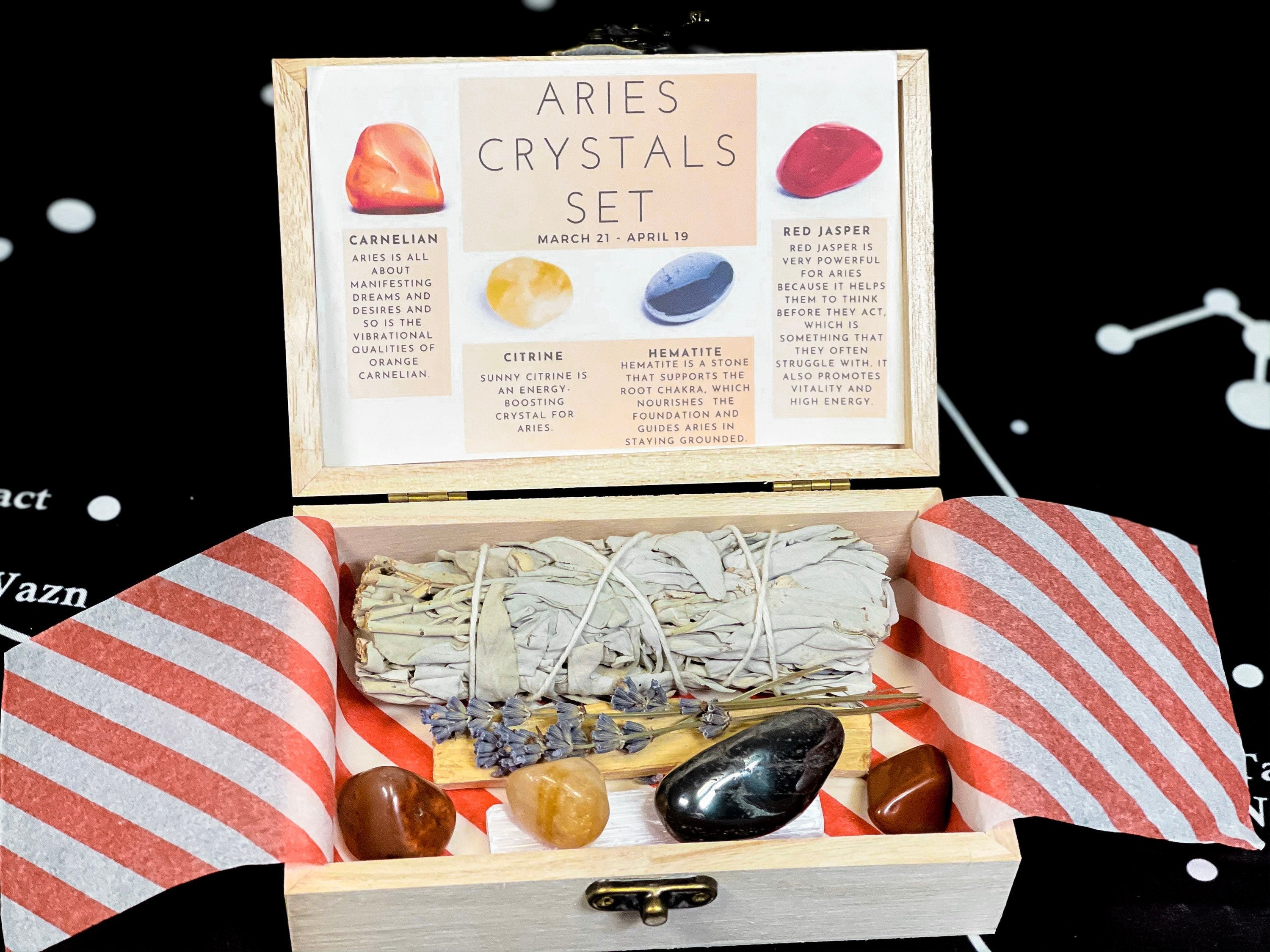 Aries Crystals in a Wood Laser Engraved Box, Aries Wood Box with Crystals, Crystals for Aries, Aries Crystals Birthday Box, Aries Birthstone