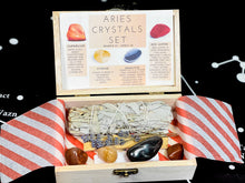 Load image into Gallery viewer, Aries Crystals in a Wood Laser Engraved Box, Aries Wood Box with Crystals, Crystals for Aries, Aries Crystals Birthday Box, Aries Birthstone
