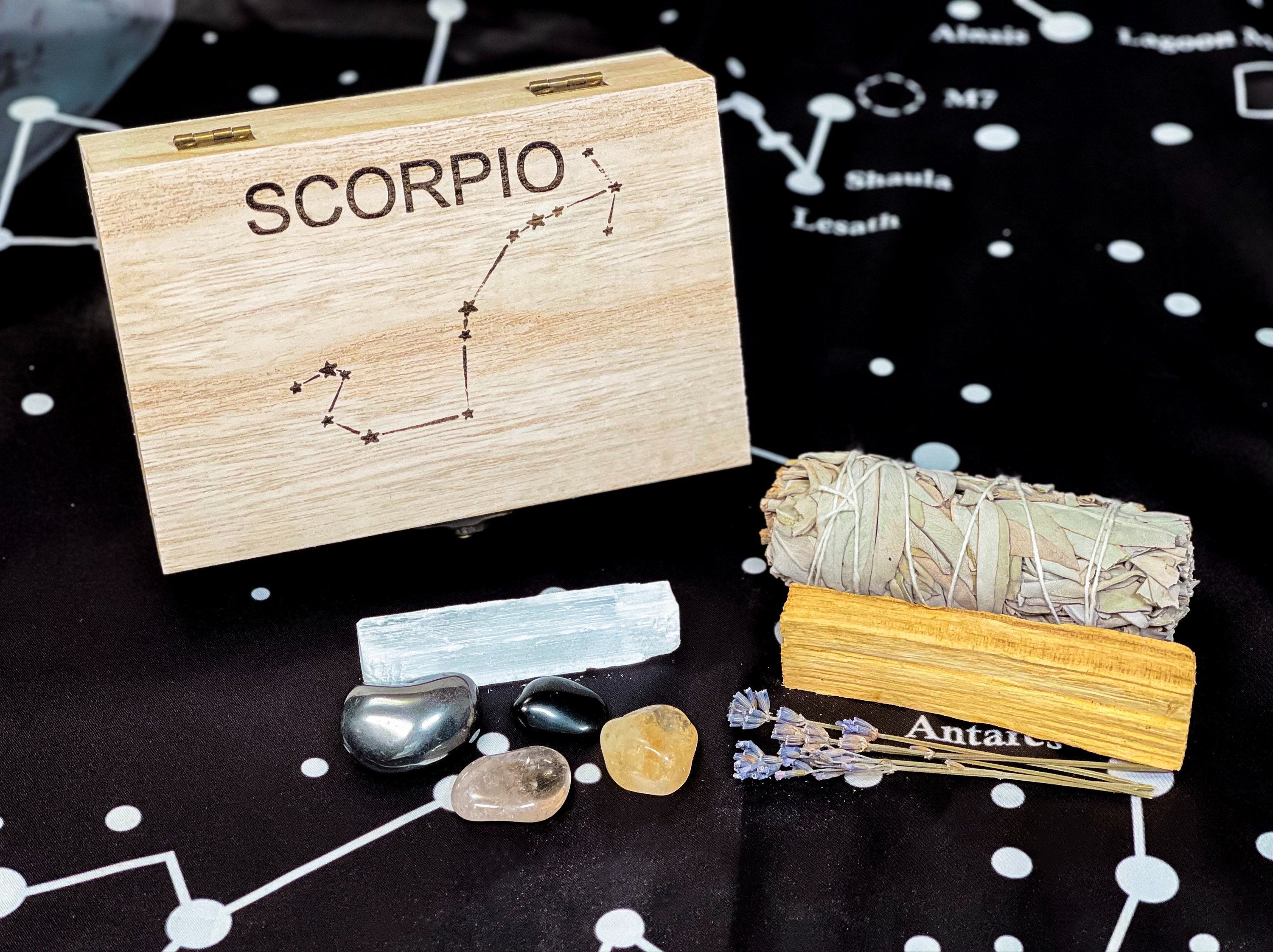 Scorpio Crystal Gift, Scorpio Crystal Set, Scorpio Crystals in Wood Zodiac Box, Crystals Scorpio Gift Set