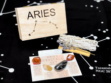 Load image into Gallery viewer, Aries Crystals in a Wood Laser Engraved Box, Aries Wood Box with Crystals, Crystals for Aries, Aries Crystals Birthday Box, Aries Birthstone
