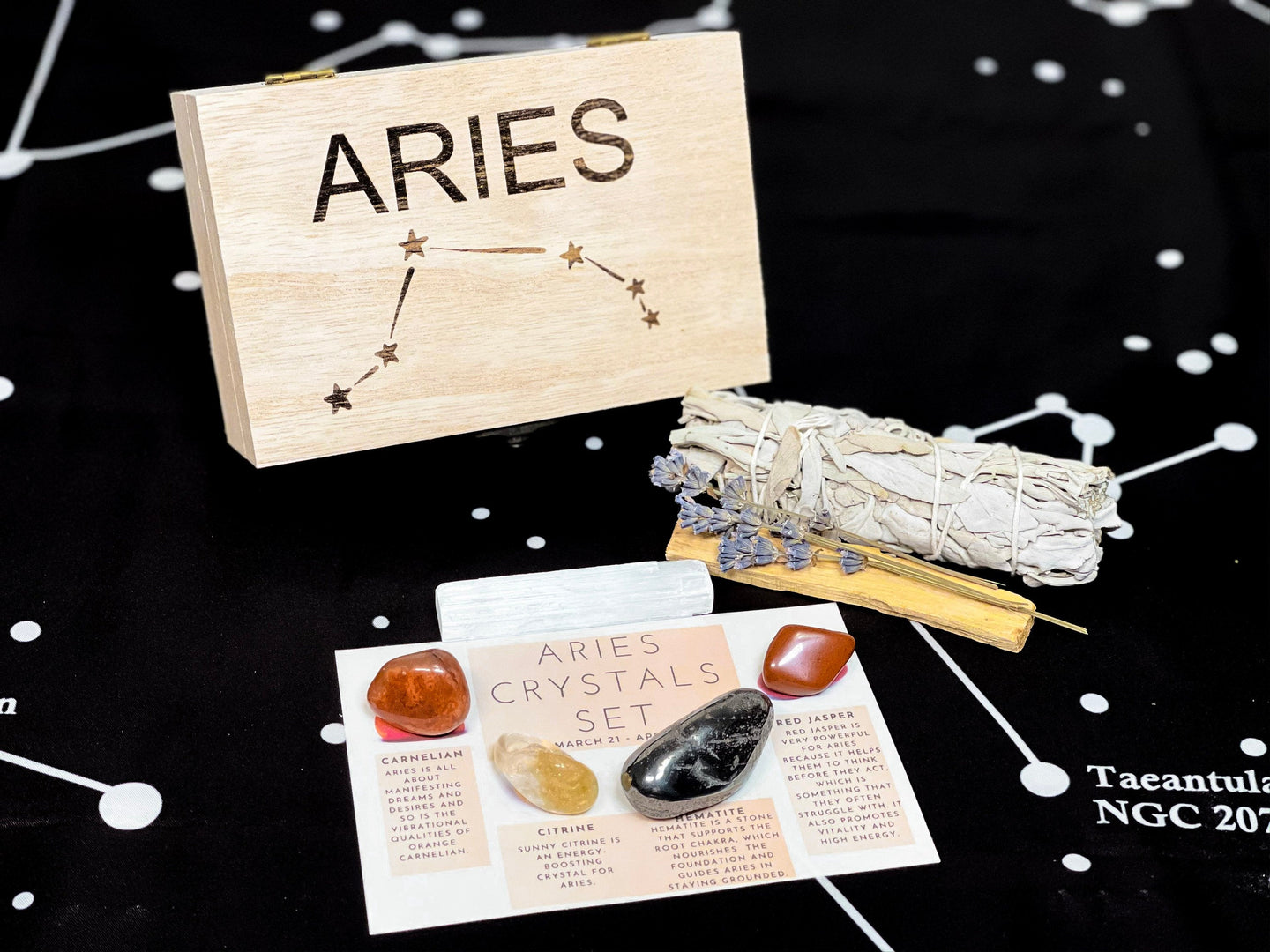 Aries Crystals in a Wood Laser Engraved Box, Aries Wood Box with Crystals, Crystals for Aries, Aries Crystals Birthday Box, Aries Birthstone