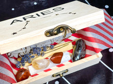 Load image into Gallery viewer, Aries Crystals in a Wood Laser Engraved Box, Aries Wood Box with Crystals, Crystals for Aries, Aries Crystals Birthday Box, Aries Birthstone
