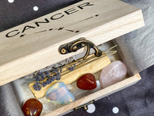 Load image into Gallery viewer, Cancer Crystal Box, Cancer Crystals Set, Crystals for Cancer in a Wood Box, Zodiac Wood Box, Zodiac Crystals, Cancer Custom Crystal Set
