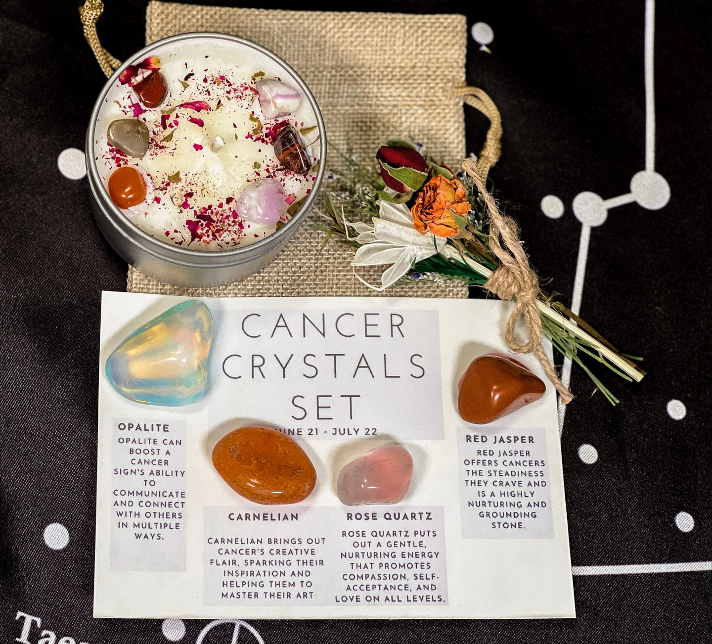 Cancer Crystals Set, Cancer Crystal Box, Cancer Candle, Crystals for Cancer, Candle for Cancer, Cancer Gemstones, Cancer Crystal