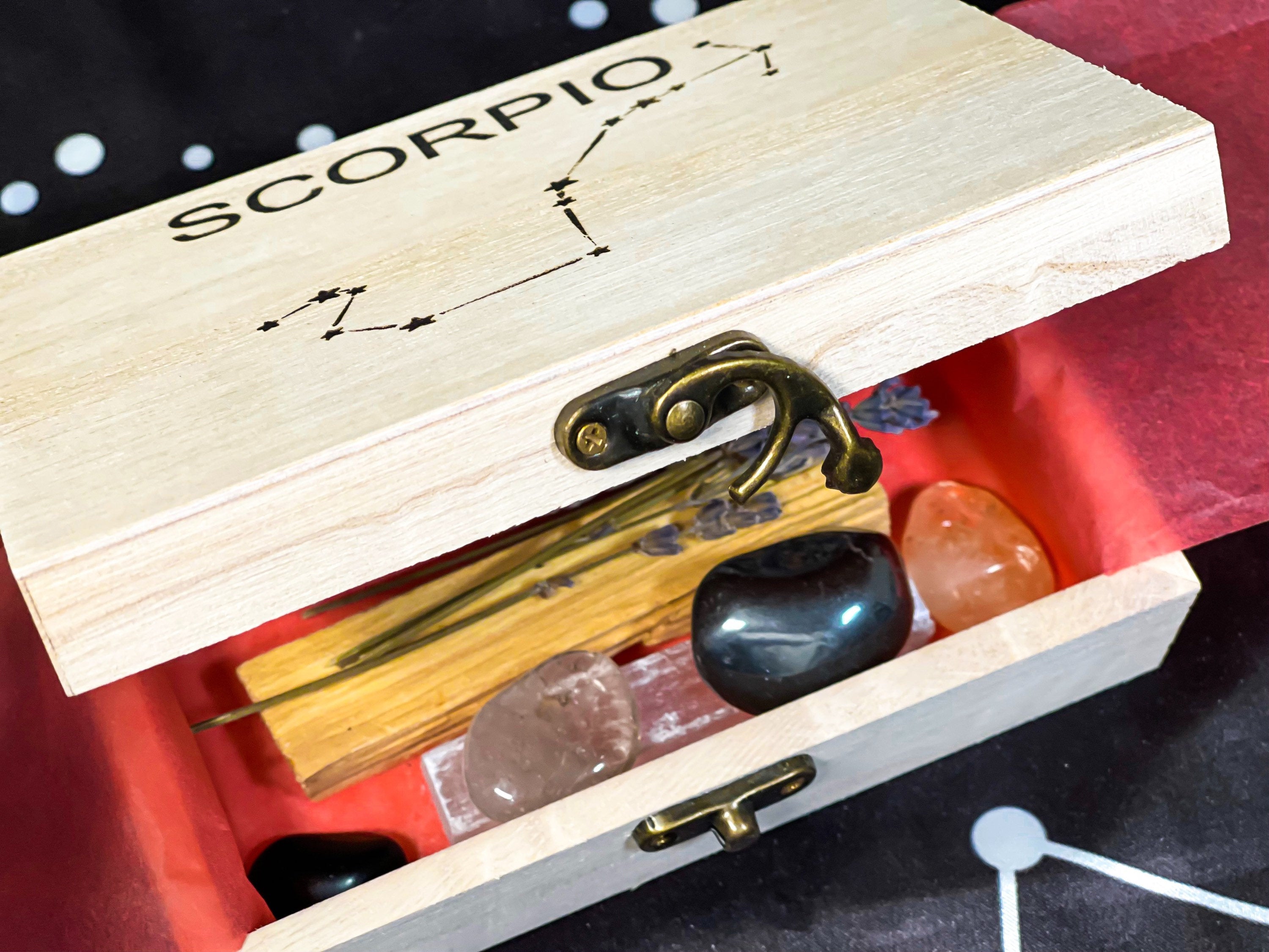 Scorpio Crystal Gift, Scorpio Crystal Set, Scorpio Crystals in Wood Zodiac Box, Crystals Scorpio Gift Set