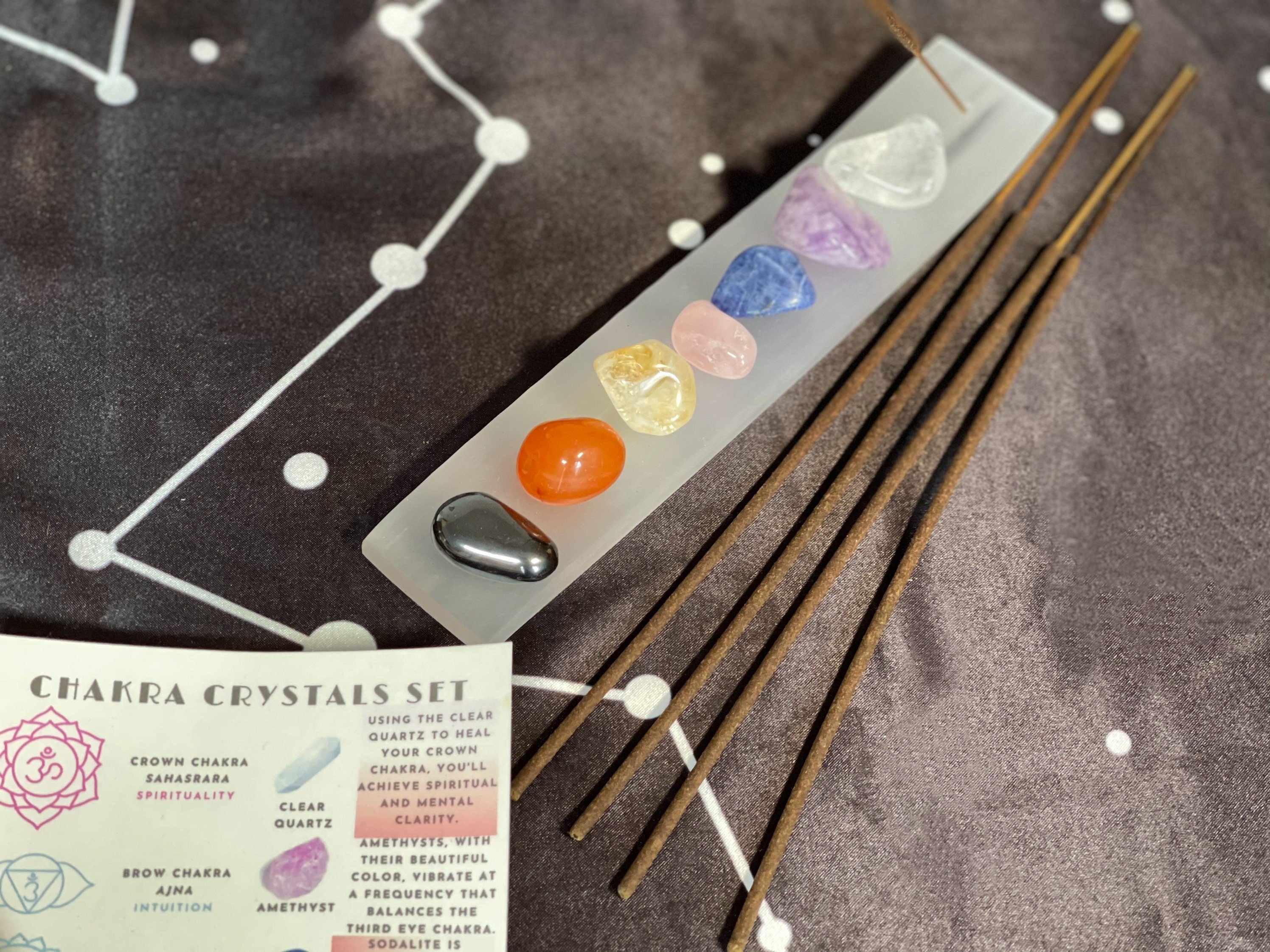 Chakra Crystals with Selenite Incense Holder and Incense Sticks