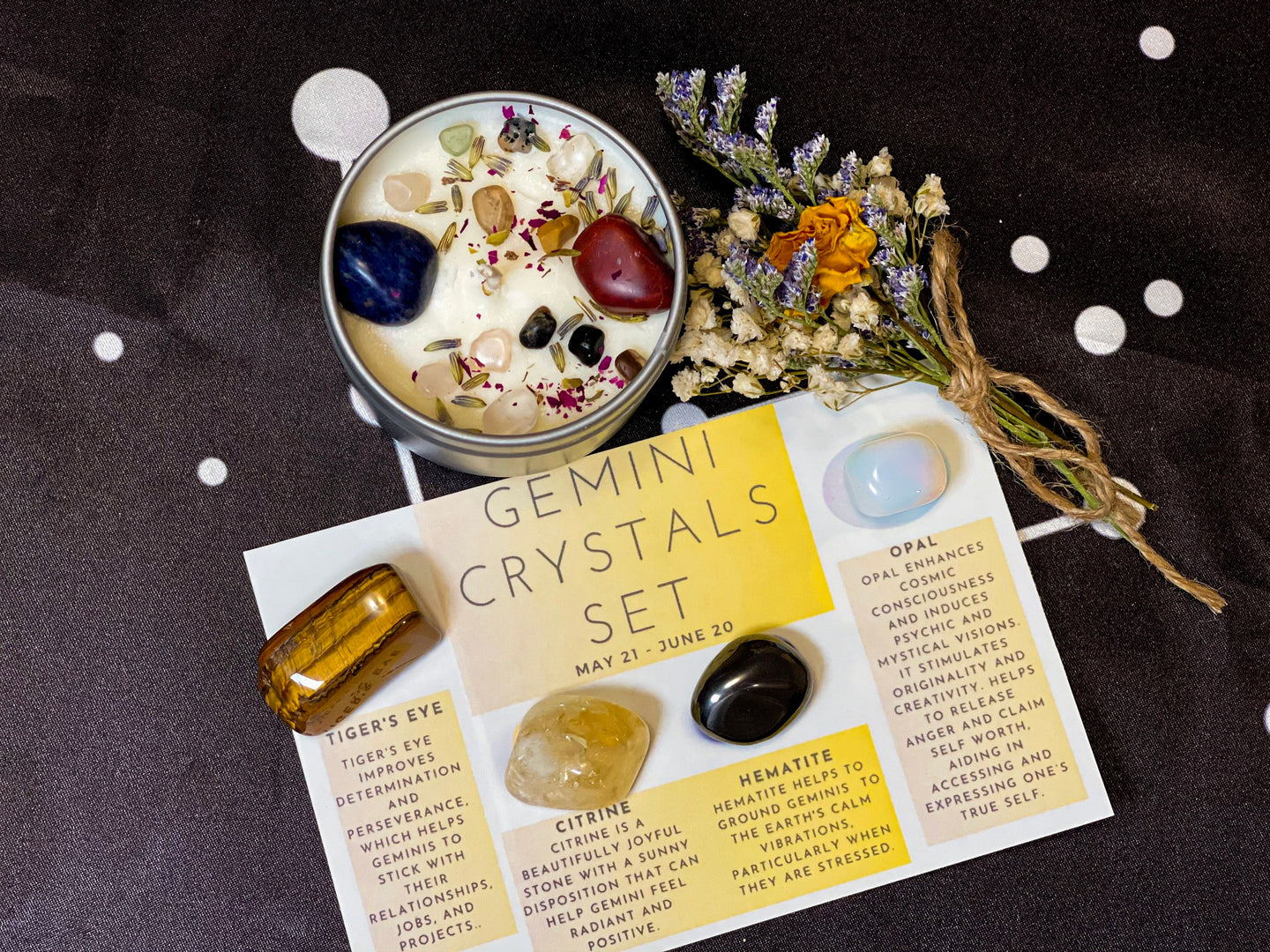 Gemini Crystal Set, Gemini Birthstones, Gemini Crystals, Gemini Stones, Gemini Candles and Crystals, Gemini Set for Birthday