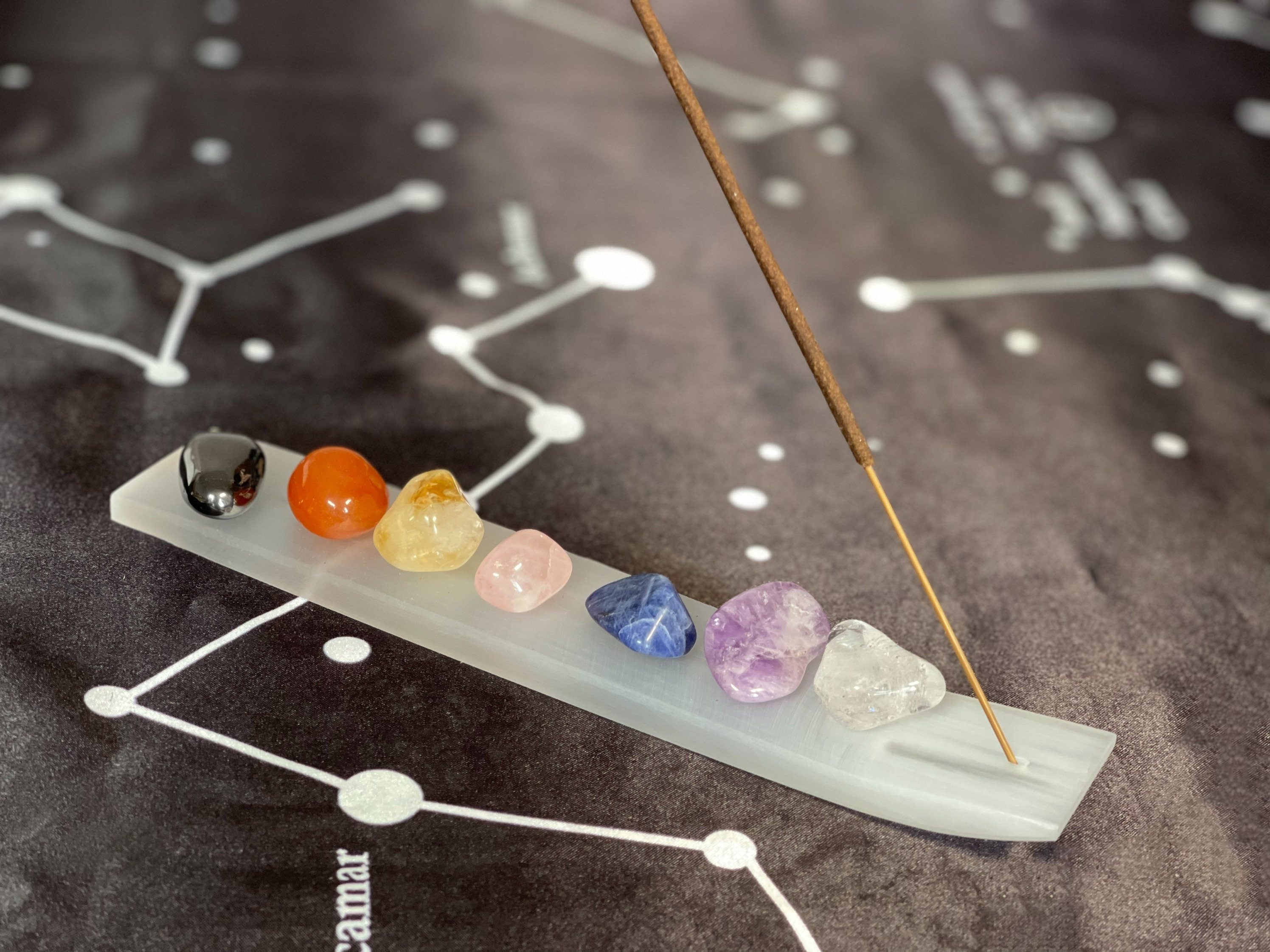Chakra Crystals with Selenite Incense Holder and Incense Sticks