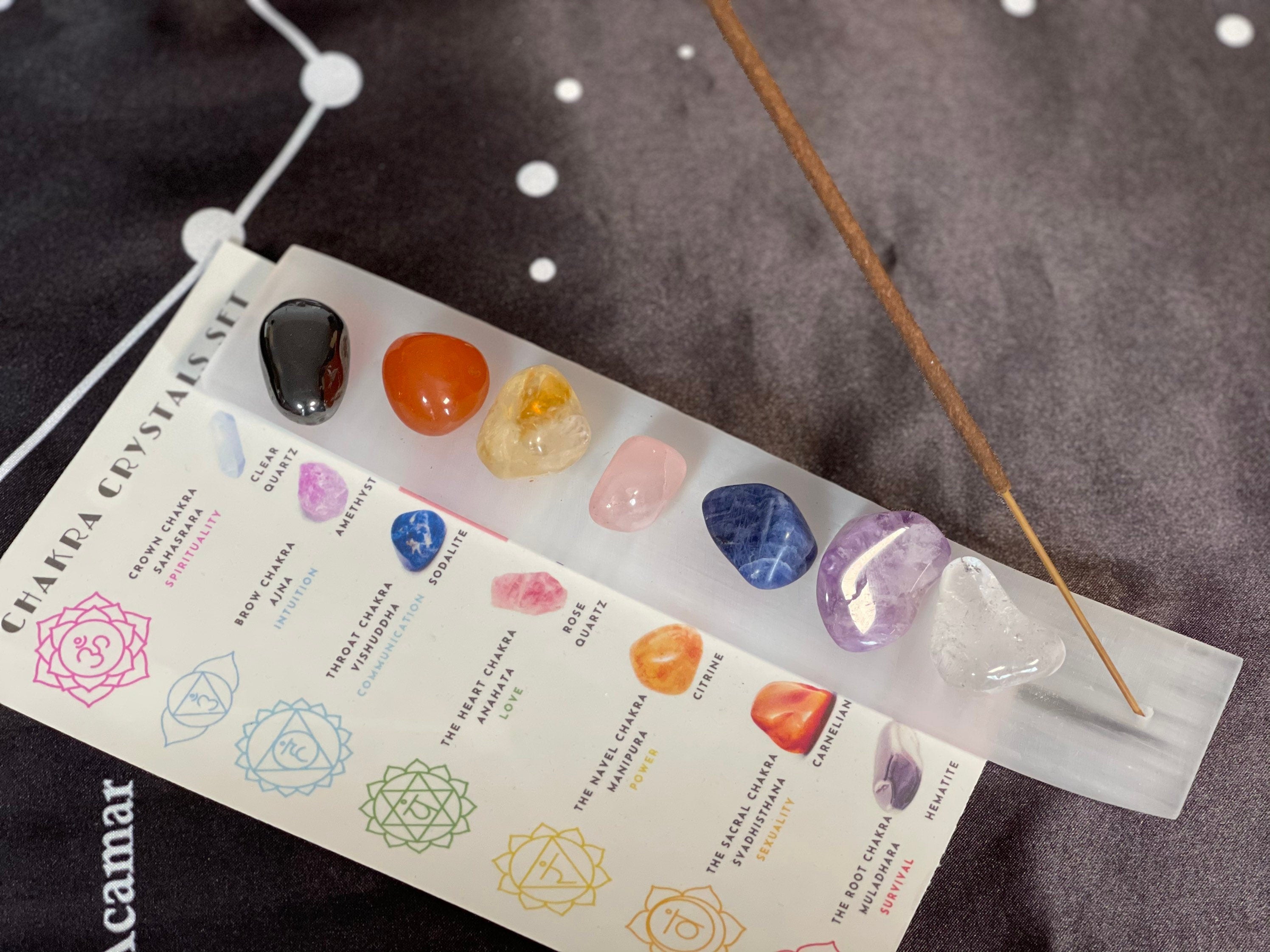 Chakra Crystals with Selenite Incense Holder and Incense Sticks