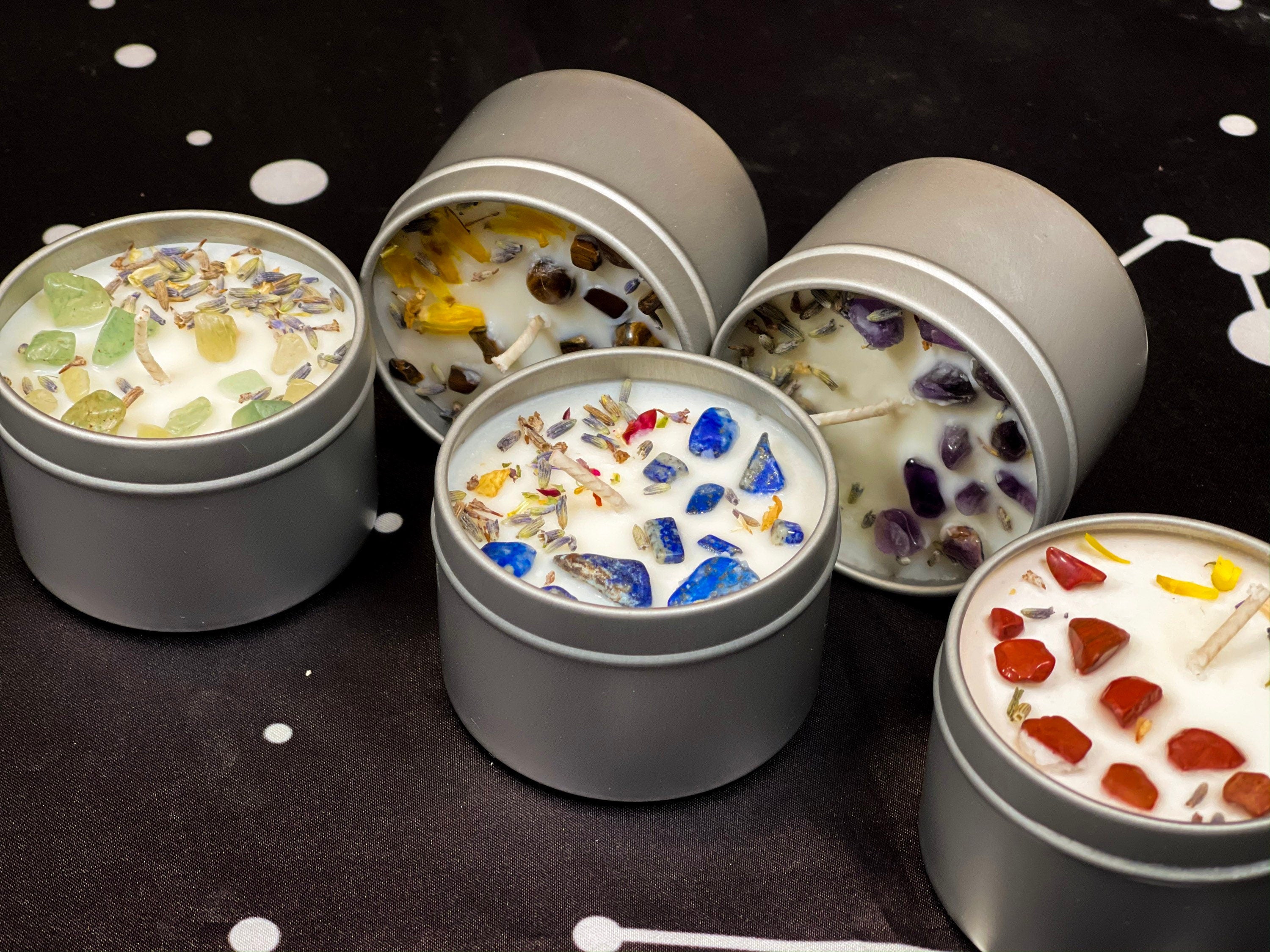 Intention Candles, 4oz Crystal Manifestation Candles, Abundance, Confidence and Relaxation Candles, Small Crystal Herbal Infused Candle