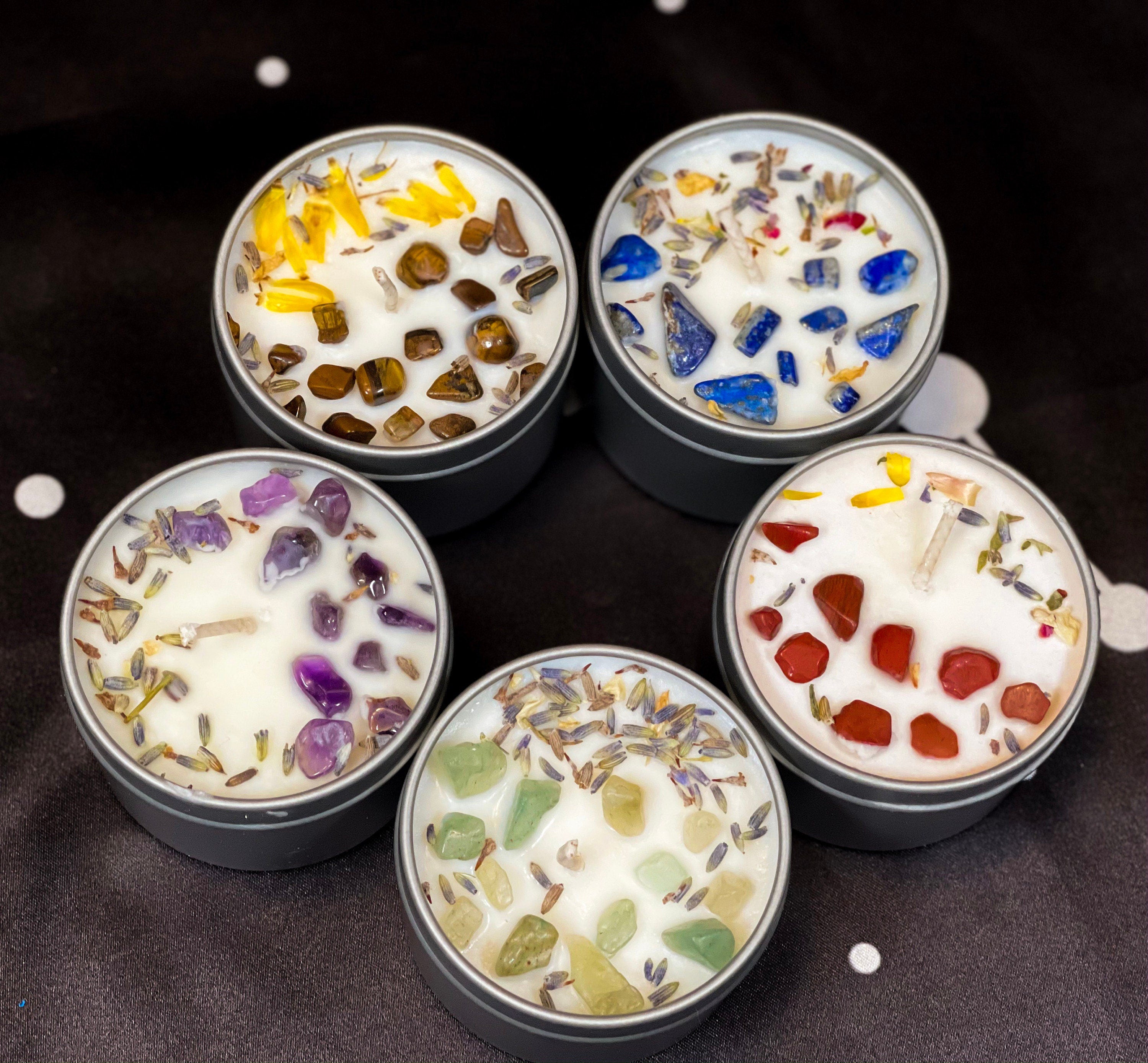 Intention Candles, 4oz Crystal Manifestation Candles, Abundance, Confidence and Relaxation Candles, Small Crystal Herbal Infused Candle