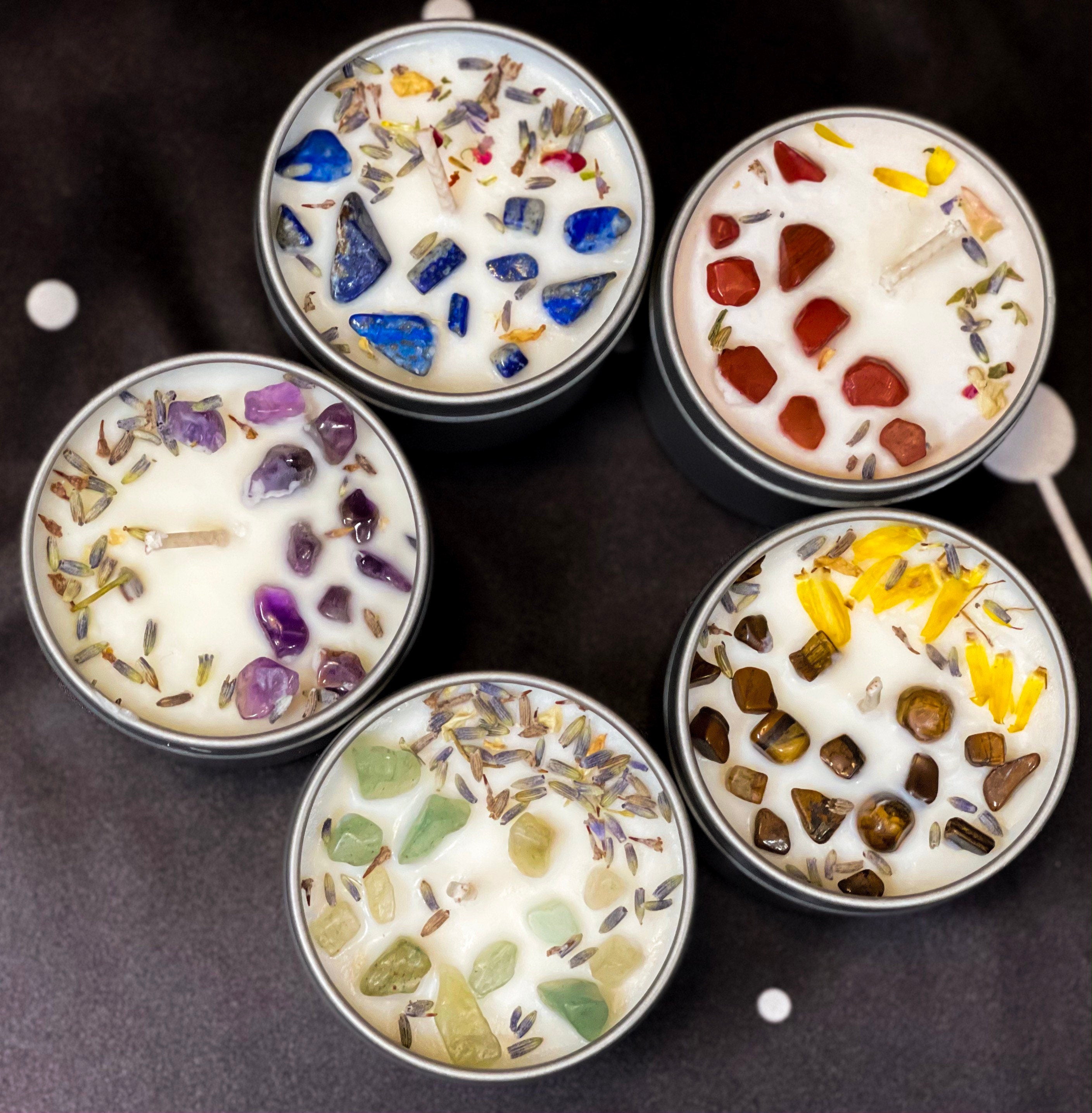 Intention Candles, 4oz Crystal Manifestation Candles, Abundance, Confidence and Relaxation Candles, Small Crystal Herbal Infused Candle