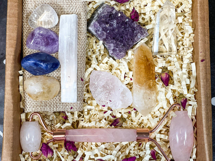 selfcare crystals kit with rose quartz roller, Self Care Crystal Kit, Meditate Crystal Box, Self Love Healing Crystal Set