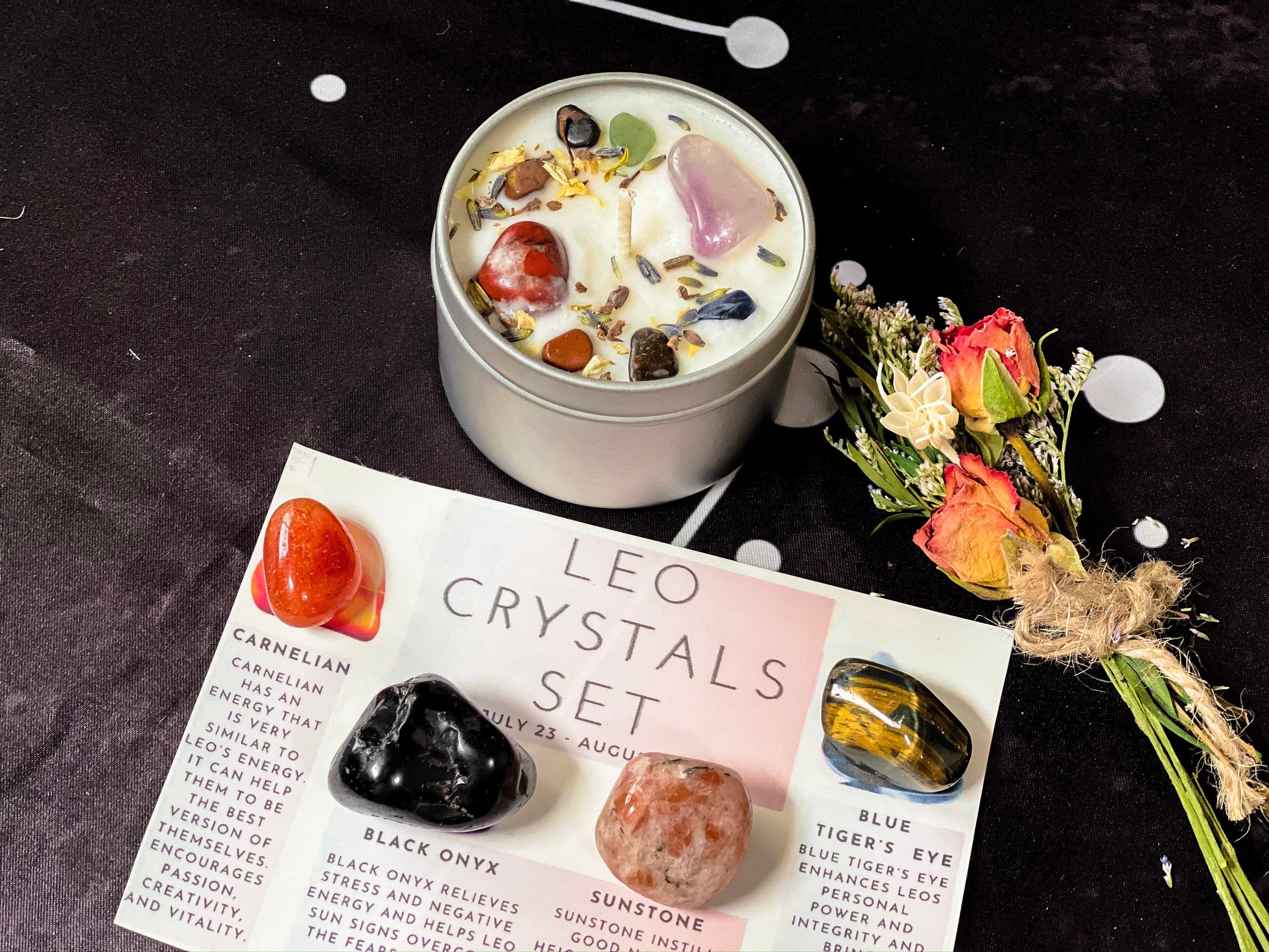 Leo Crystals Set, Leo Zodiac Gifts, Leo Crystal Box, Crystals for Leo, Leo Crystal Candle, Leo Birthstones, Leo Gift Set, Birthday Leo Box