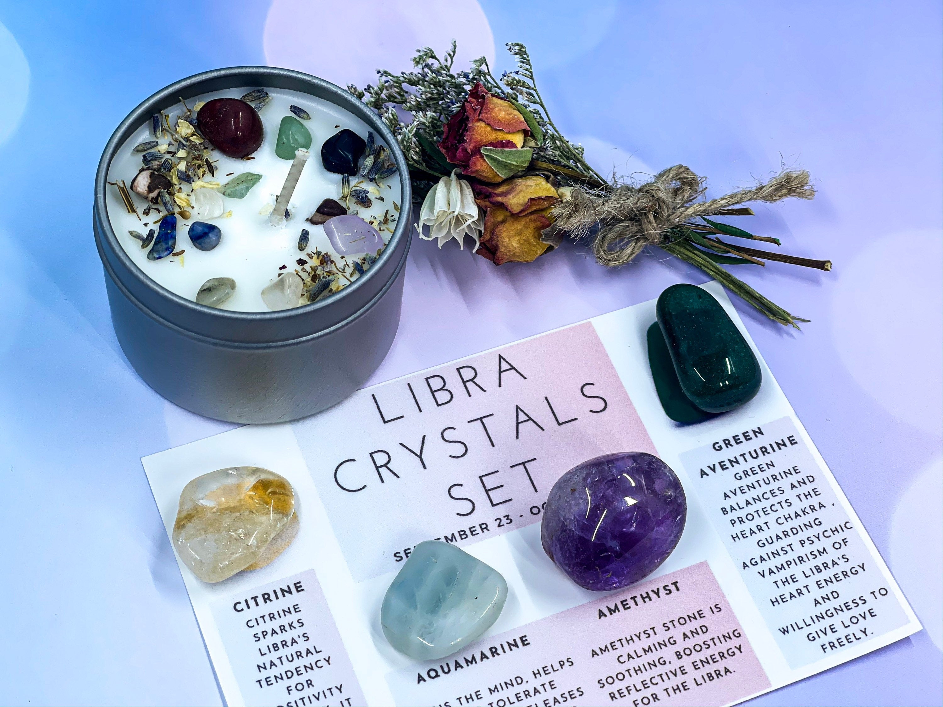Libra Crystals, Libra Crystal Box, Libra Crystal Set, Crystals for Libra, Libra Candle with Gemstones, Libra Birthstones, Libra Crystals Kit
