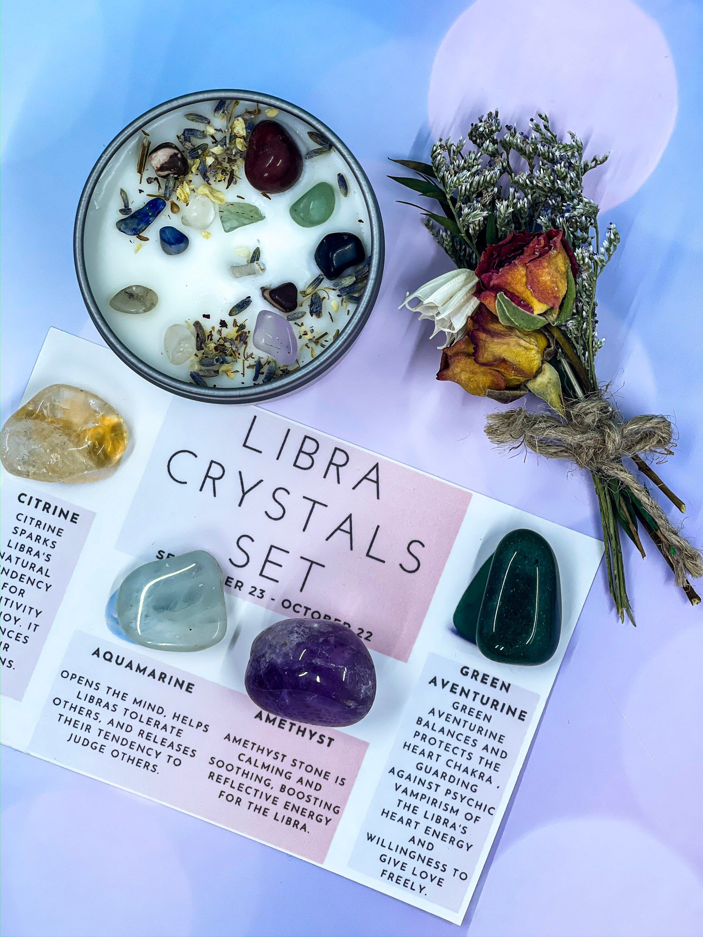 Libra Crystals, Libra Crystal Box, Libra Crystal Set, Crystals for Libra, Libra Candle with Gemstones, Libra Birthstones, Libra Crystals Kit