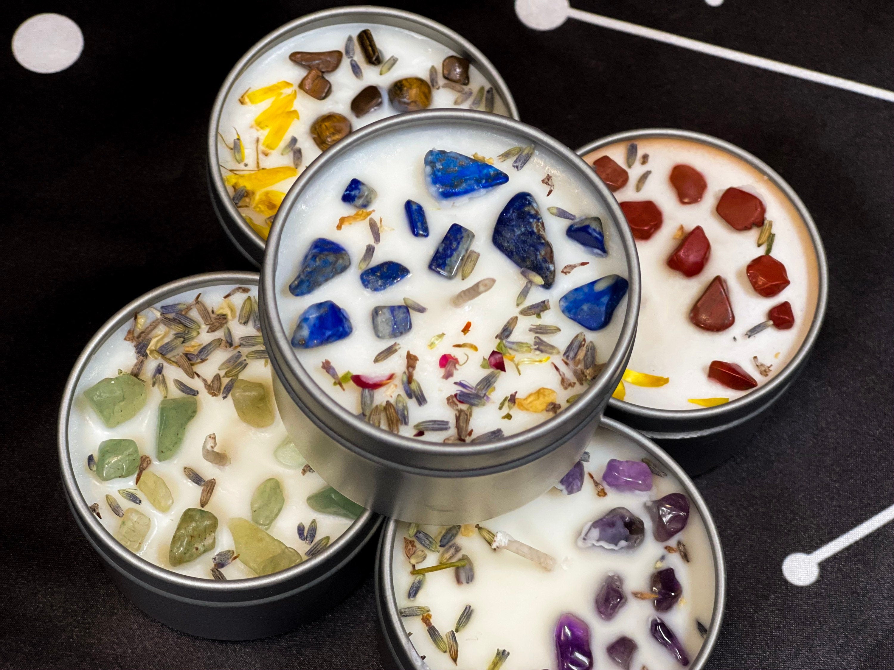 Intention Candles, 4oz Crystal Manifestation Candles, Abundance, Confidence and Relaxation Candles, Small Crystal Herbal Infused Candle