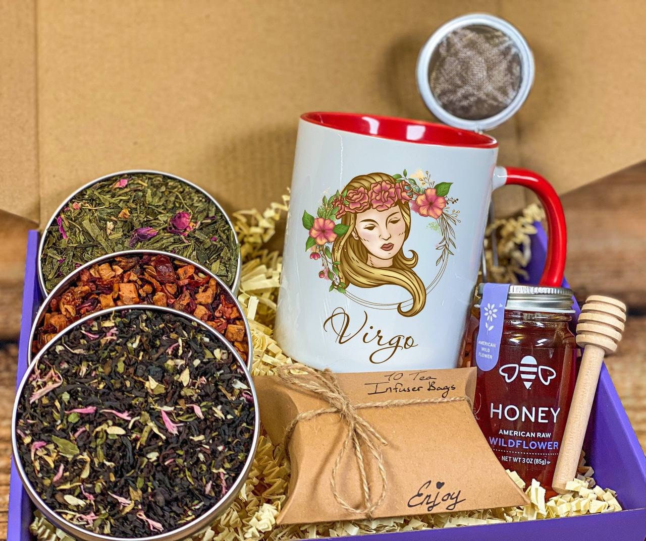 Virgo Gift Box with Organic Tea and Wildflower Honey, Virgo Birthday Gift Set, Virgo Gift Basket, Virgo Gifts, Virgo Zodiac Mug and Tea