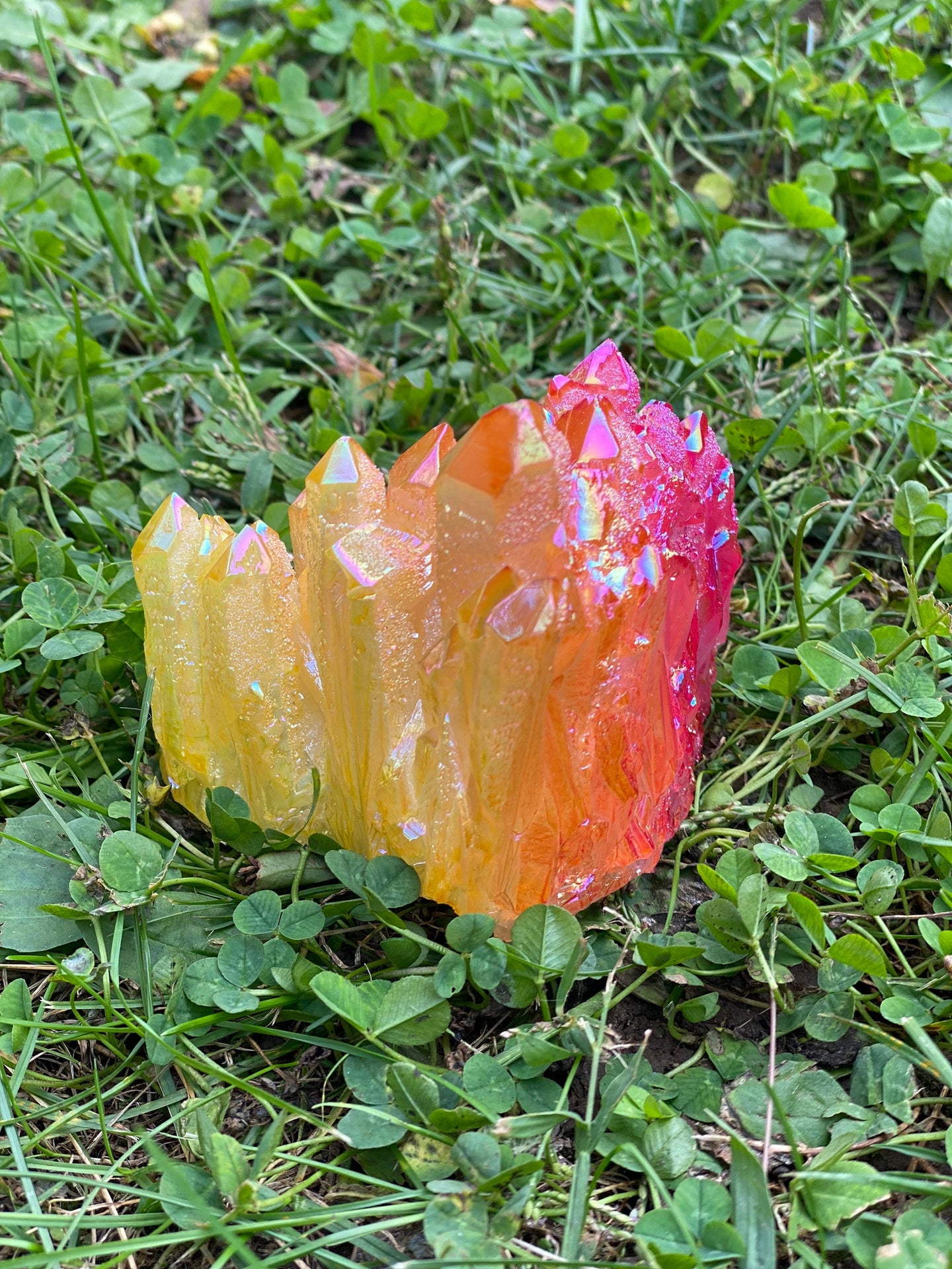 Aura Coated Quartz Cluster, Large Flame Aura Coated Cluster, Yellow Orange Red Aura Cluster 330 Grams