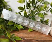Load image into Gallery viewer, Chakra Selenite, Sleenite Wand with Chakra, 7 Chakra Selenite Wand, Etched Chakra Selenite, Selenite Stick
