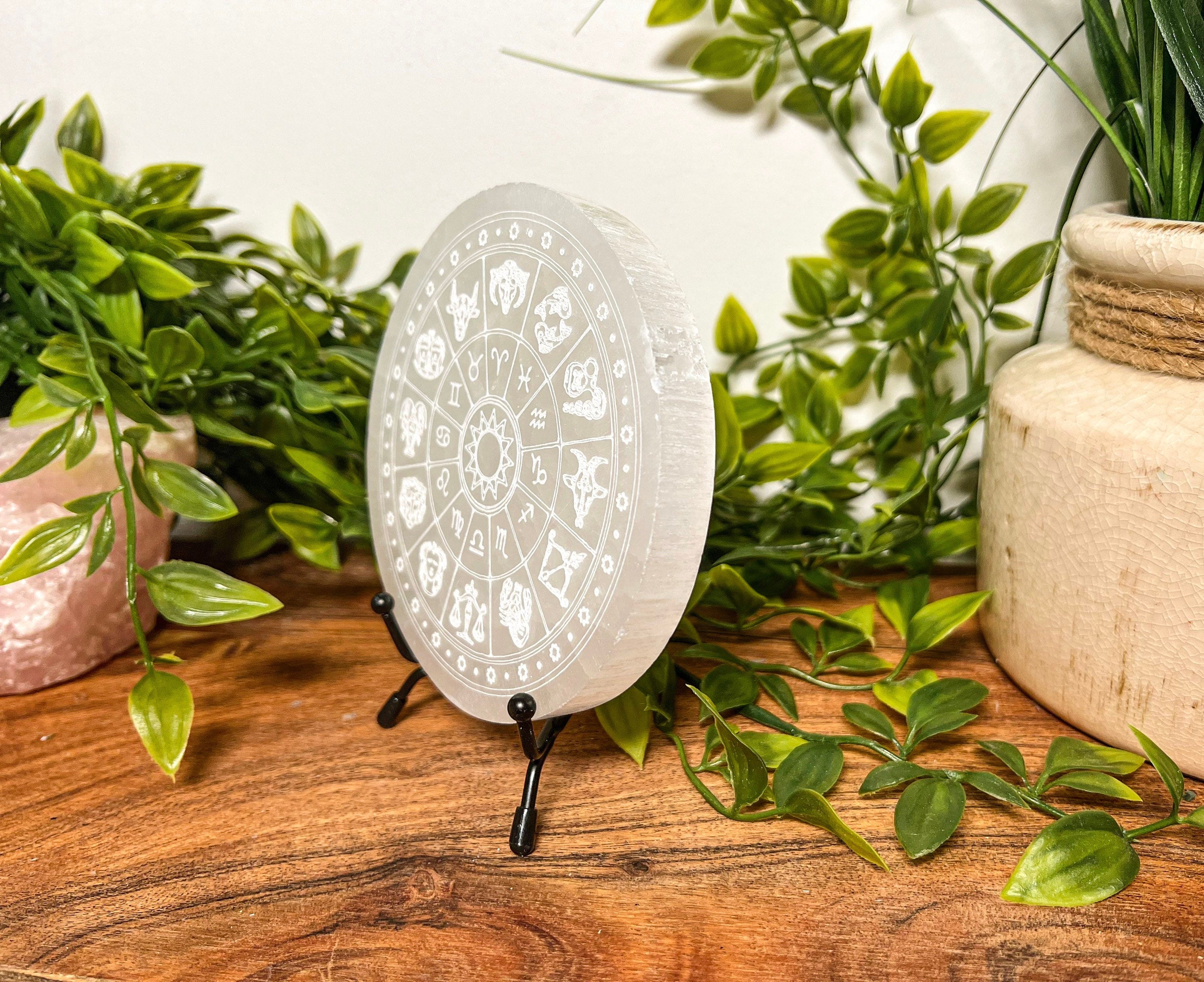 Zodiac Selenite Plate, Carved Selenite Plate, Selenite Horoscope charging plate, Etched Horoscope Selenite Plate, Sleenite Charging Plate