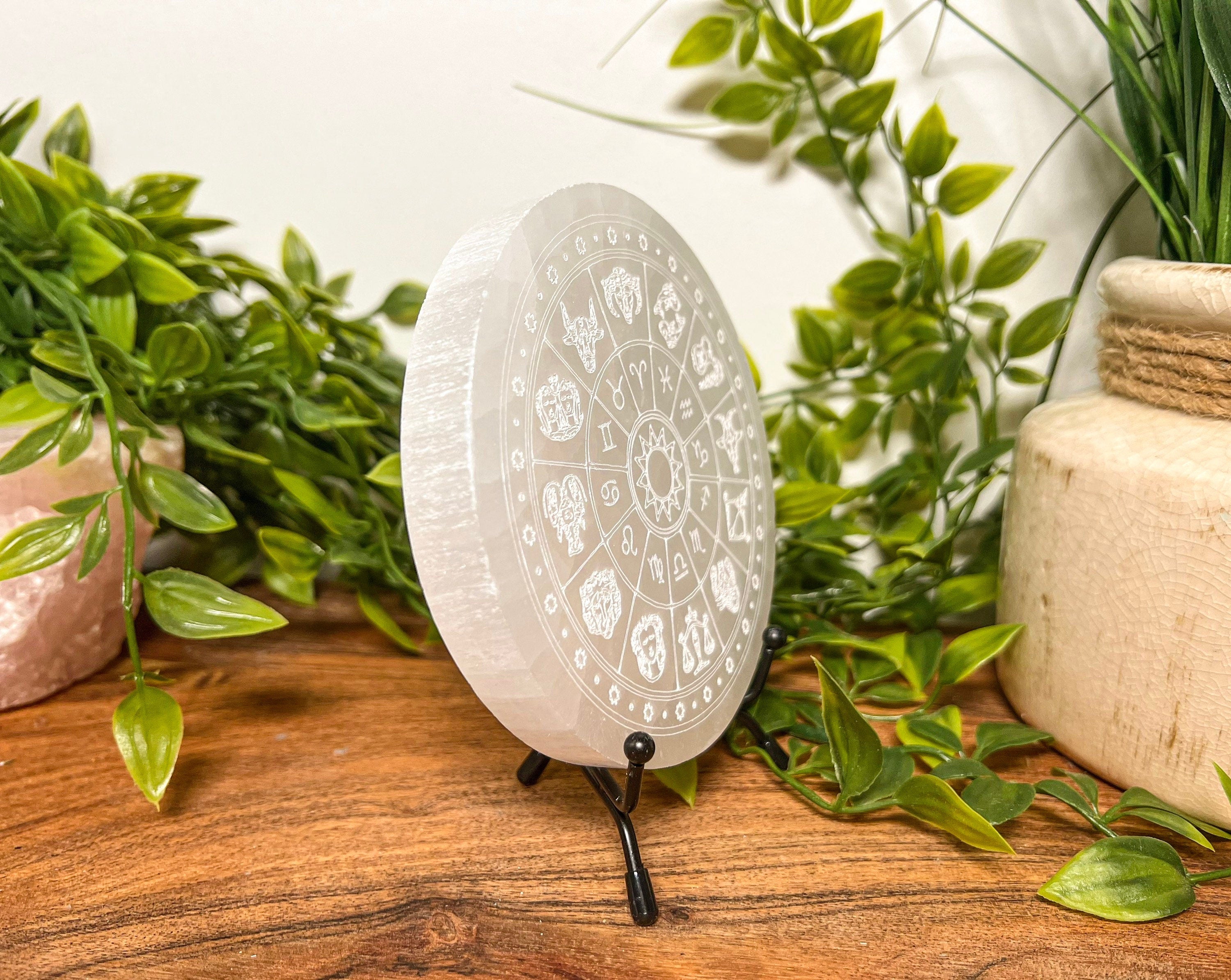 Zodiac Selenite Plate, Carved Selenite Plate, Selenite Horoscope charging plate, Etched Horoscope Selenite Plate, Sleenite Charging Plate