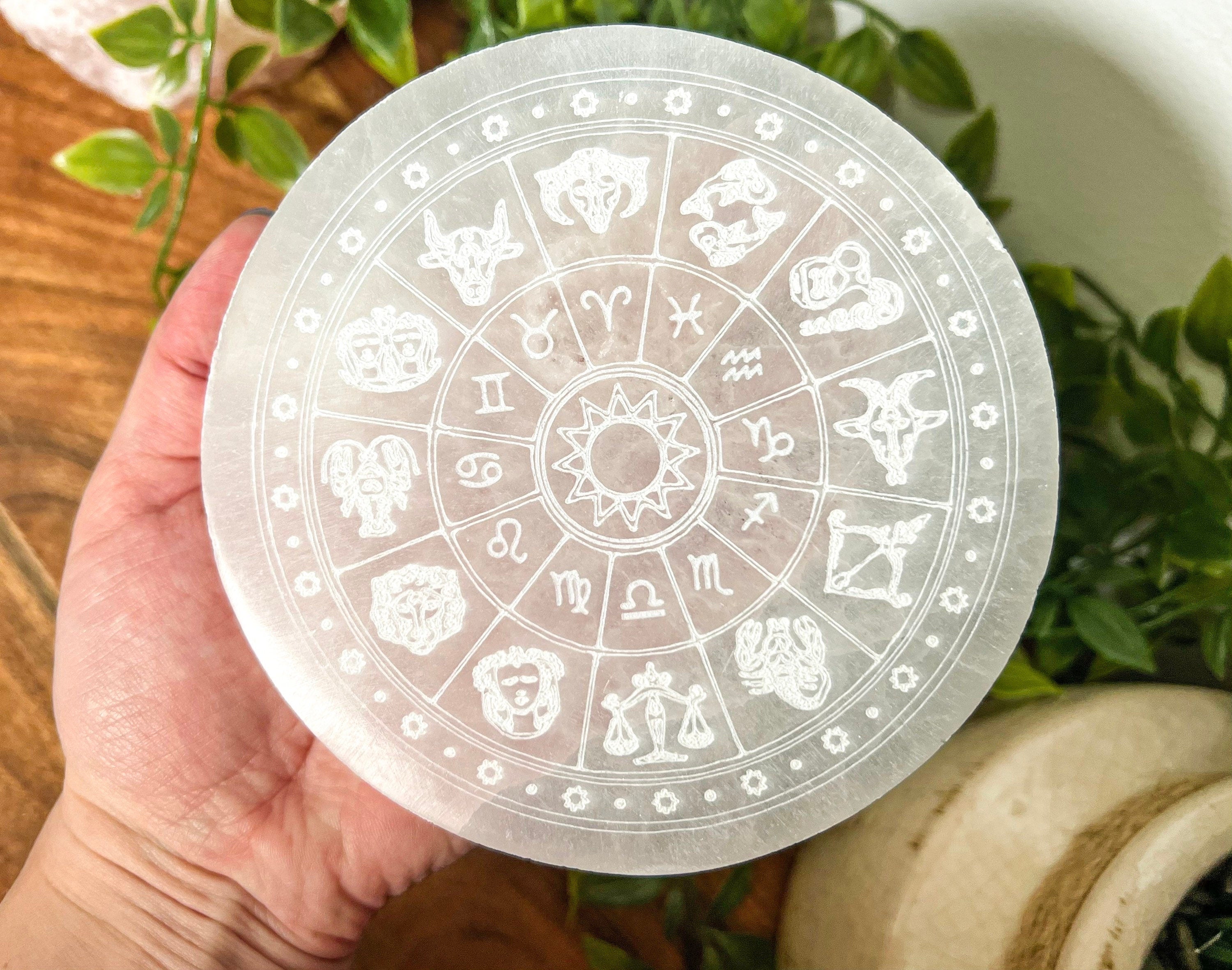 Zodiac Selenite Plate, Carved Selenite Plate, Selenite Horoscope charging plate, Etched Horoscope Selenite Plate, Sleenite Charging Plate