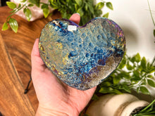 Load image into Gallery viewer, Titanium Aura Quartz Heart, Large Rainbow Aura Heart, Titanium Quartz Heart, Large Crystal Heart, Titanium Heart with Stand
