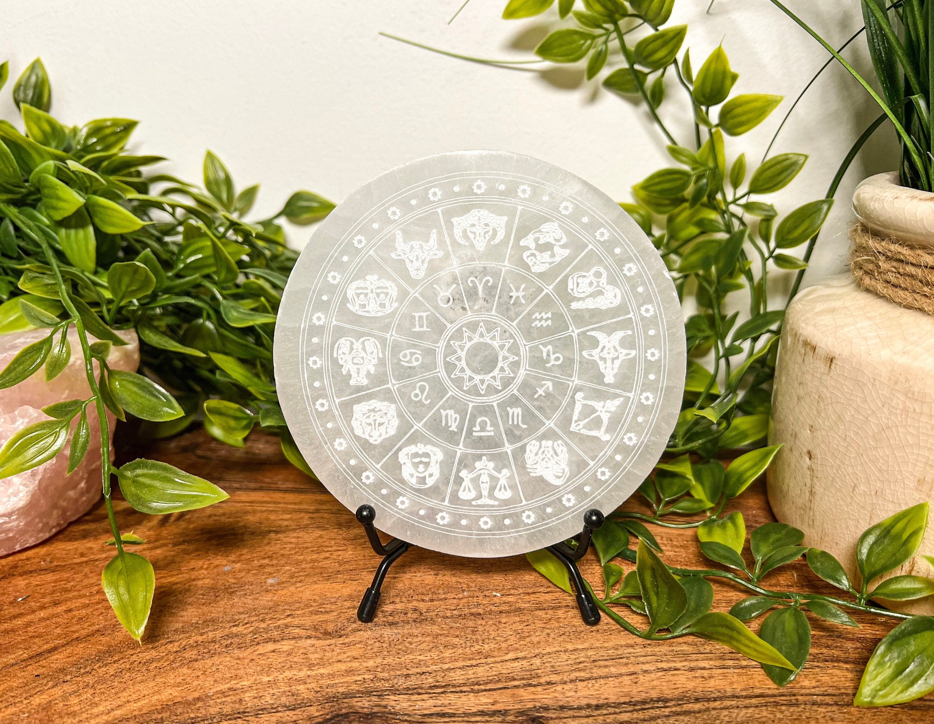 Zodiac Selenite Plate, Carved Selenite Plate, Selenite Horoscope charging plate, Etched Horoscope Selenite Plate, Sleenite Charging Plate