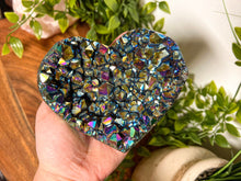 Load image into Gallery viewer, Titanium Aura Quartz Heart, Large Rainbow Aura Heart, Titanium Quartz Heart, Large Crystal Heart, Titanium Heart with Stand
