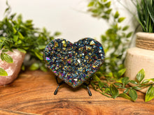 Load image into Gallery viewer, Titanium Aura Quartz Heart, Large Rainbow Aura Heart, Titanium Quartz Heart, Large Crystal Heart, Titanium Heart with Stand
