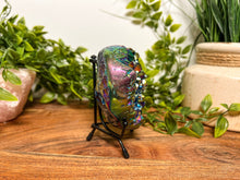 Load image into Gallery viewer, Titanium Aura Quartz Heart, Large Rainbow Aura Heart, Titanium Quartz Heart, Large Crystal Heart, Titanium Heart with Stand
